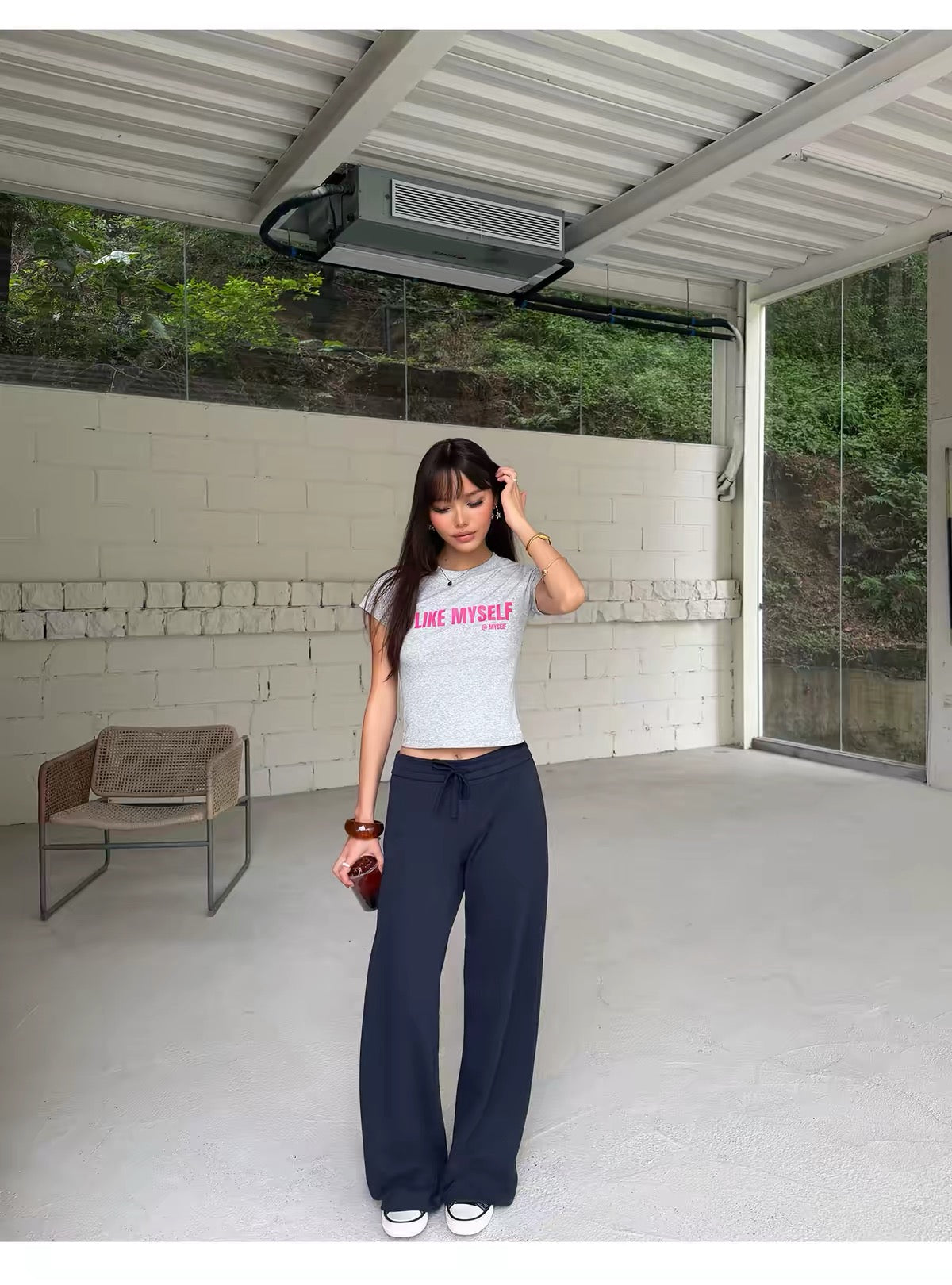 AUD Drawstring Wide-Leg Casual Pants- NAVY