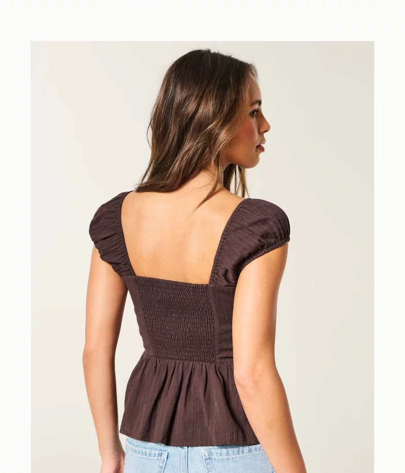 Hollister Brown Button Puff Top