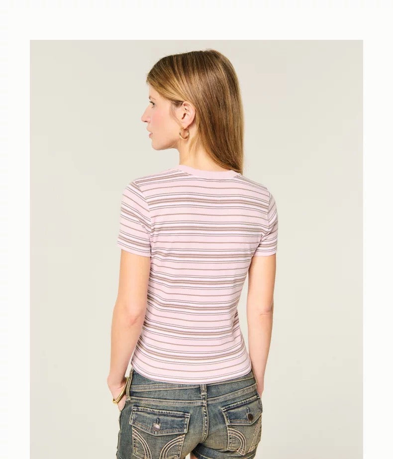 HOLLISTER Striped Academy Tee- pink