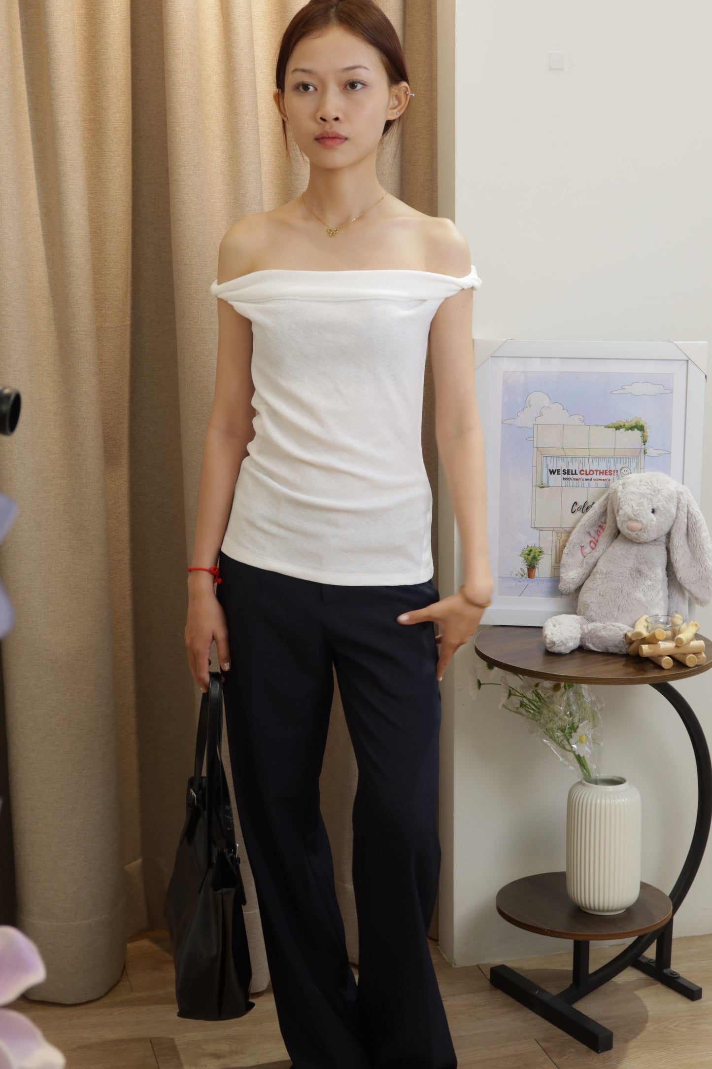 Short sleeve twist off shoulder