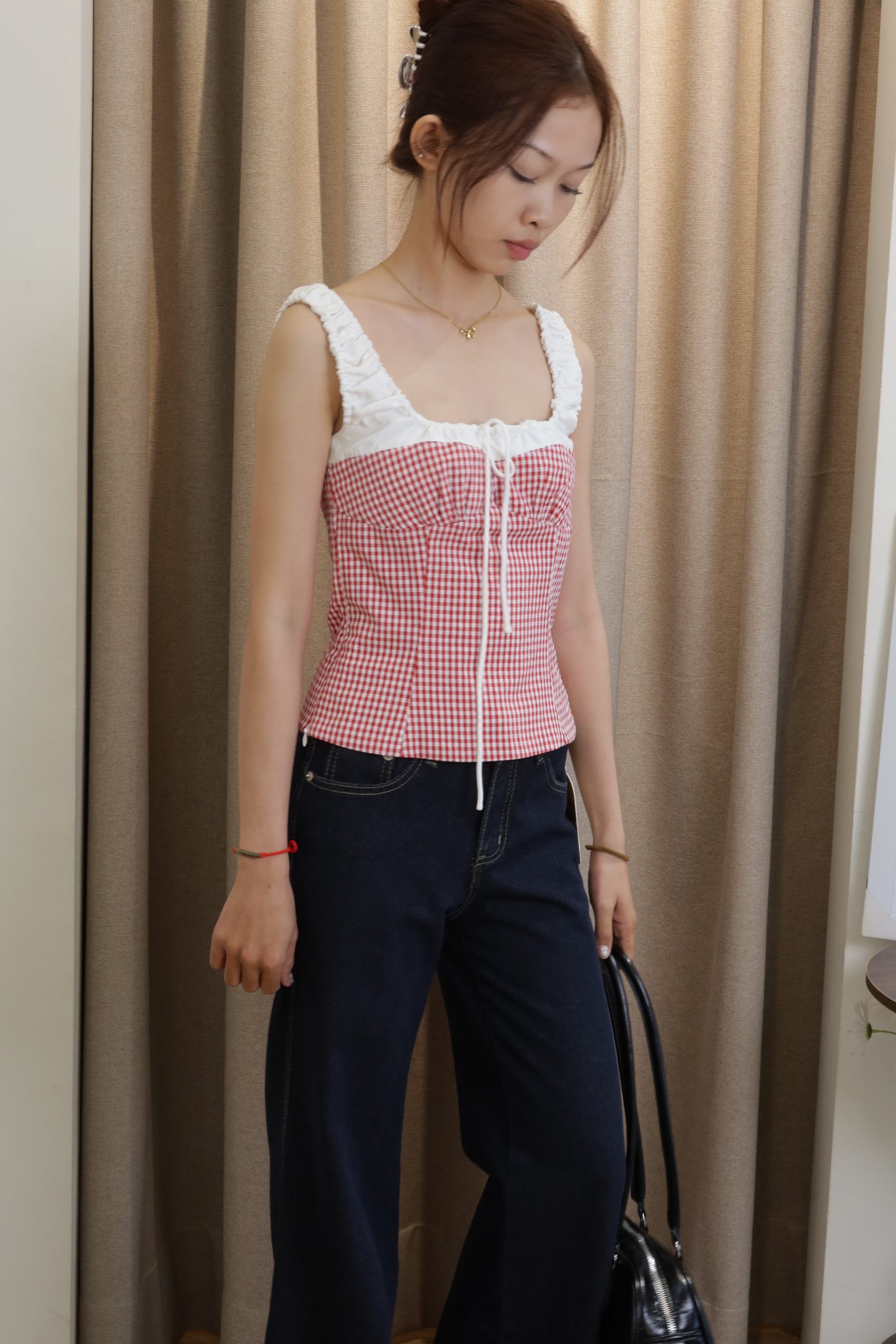 Red gingham white accent top