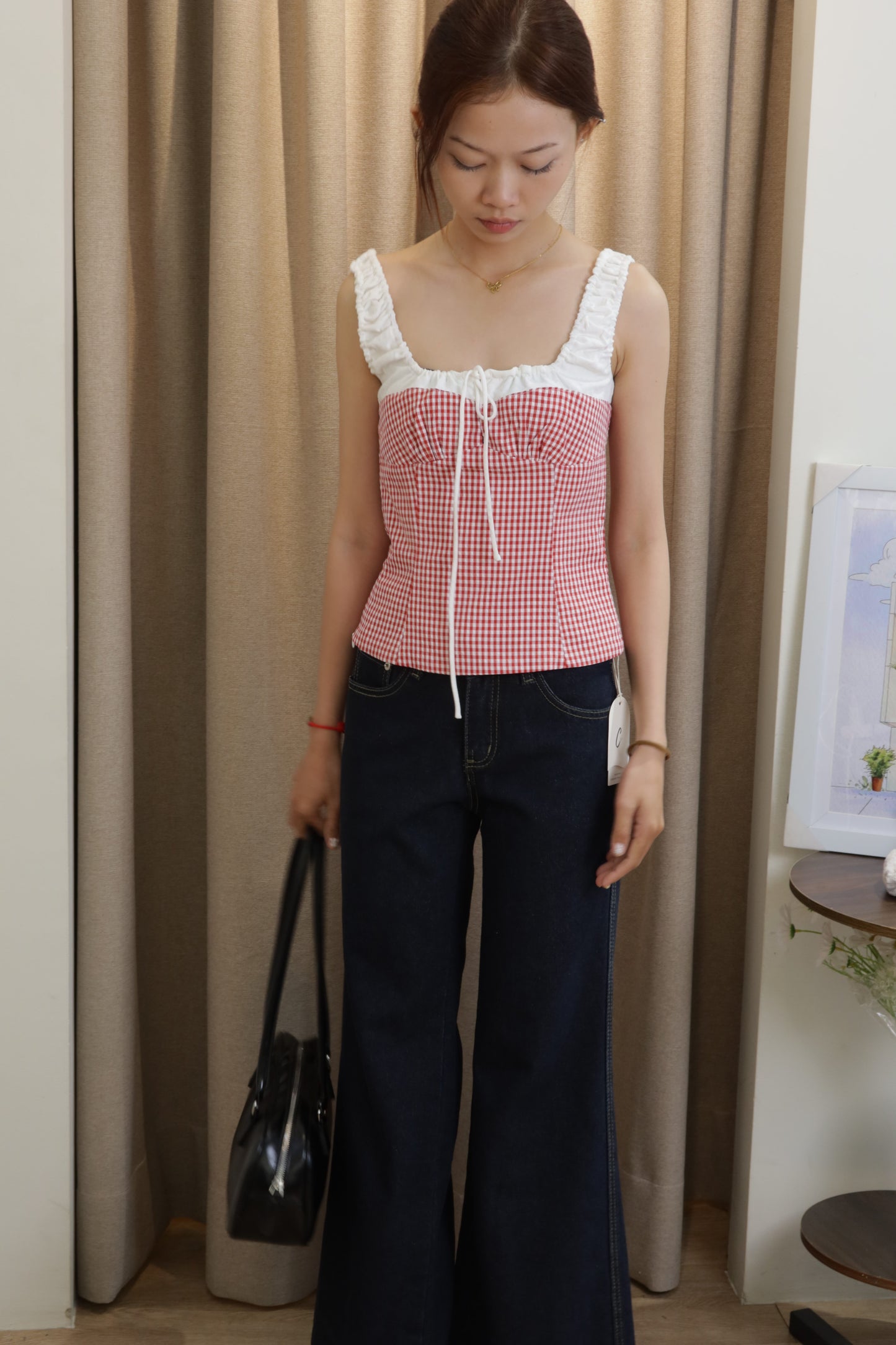 Red gingham white accent top