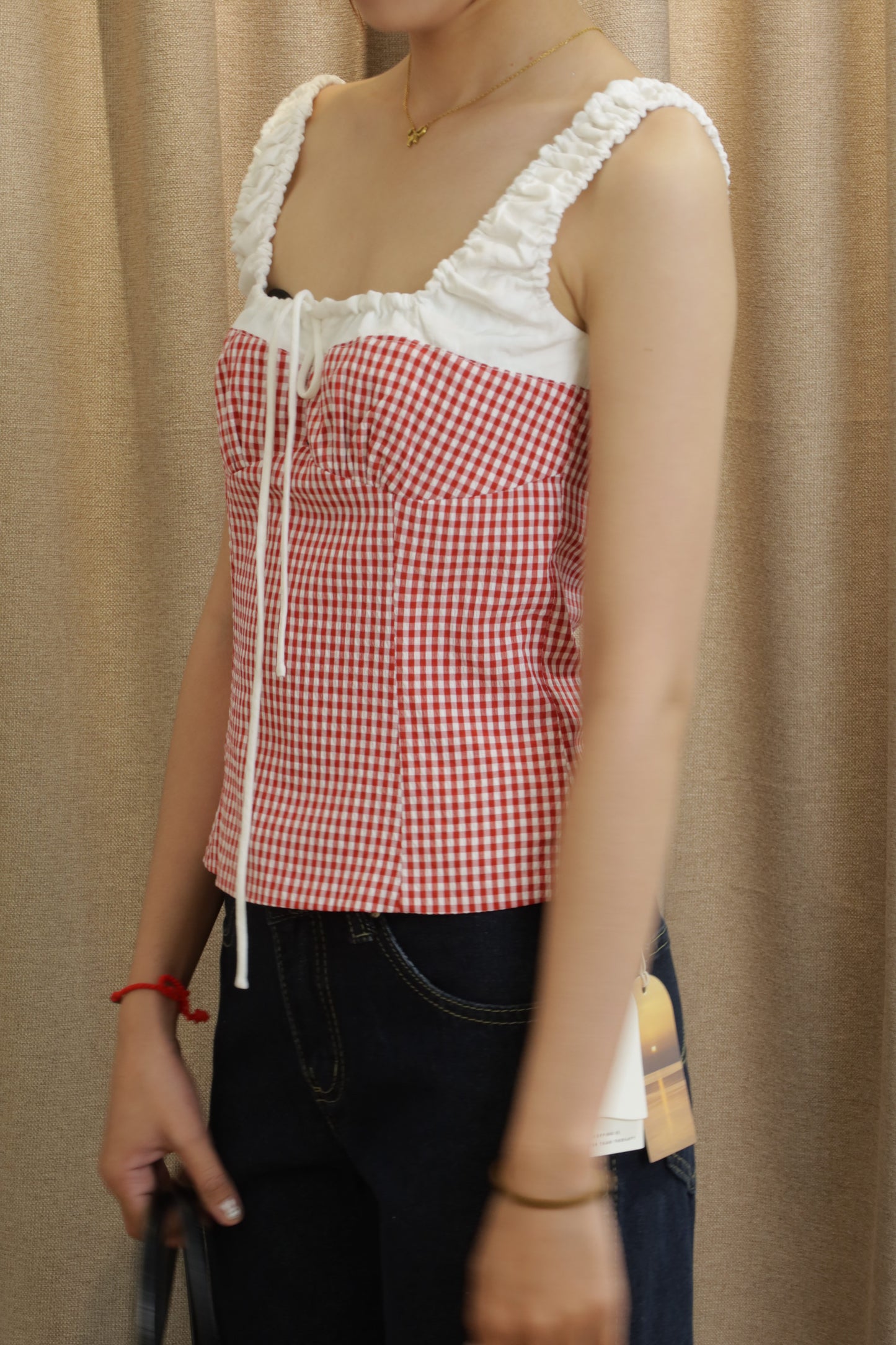 Red gingham white accent top