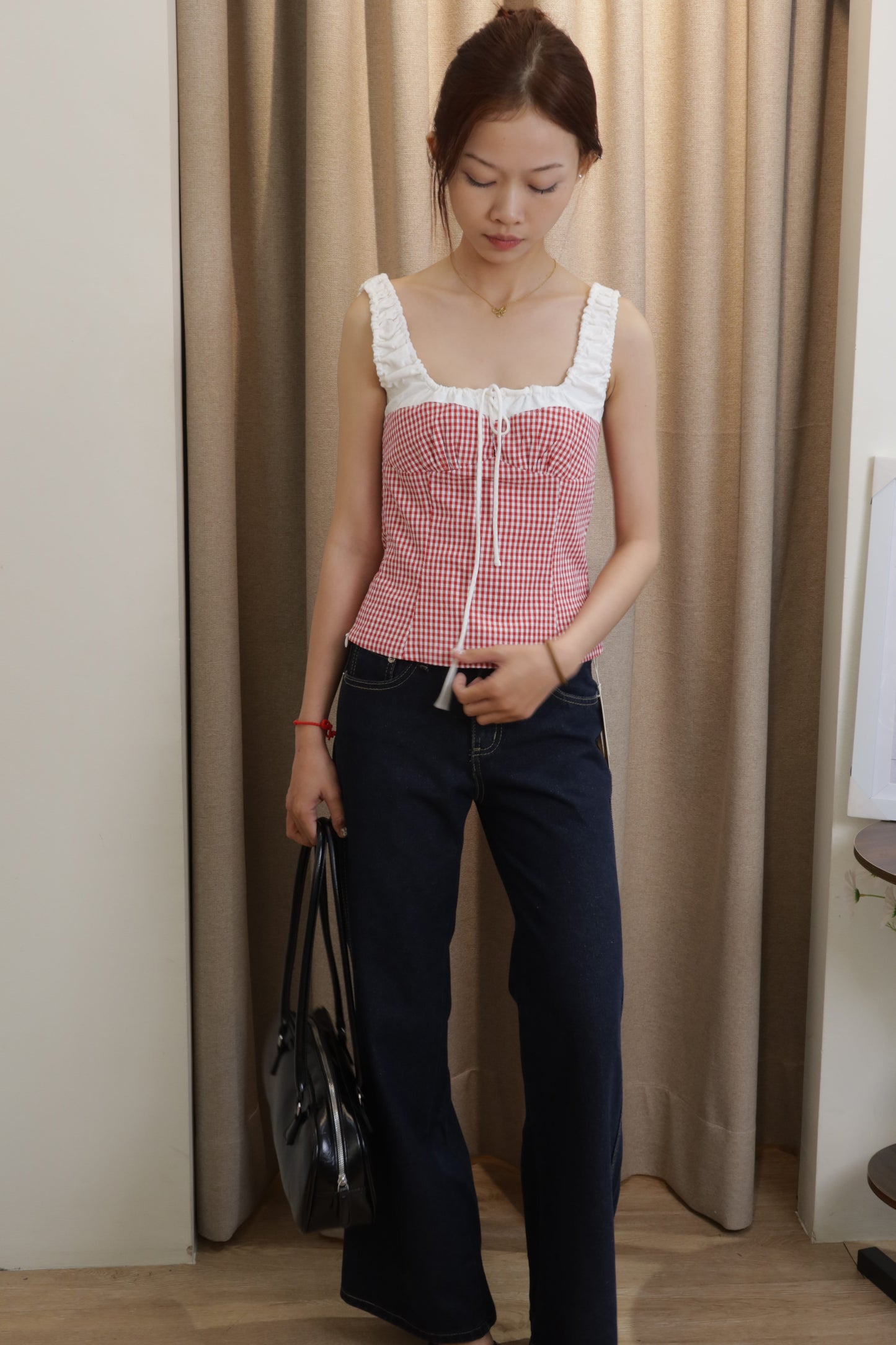 Red gingham white accent top