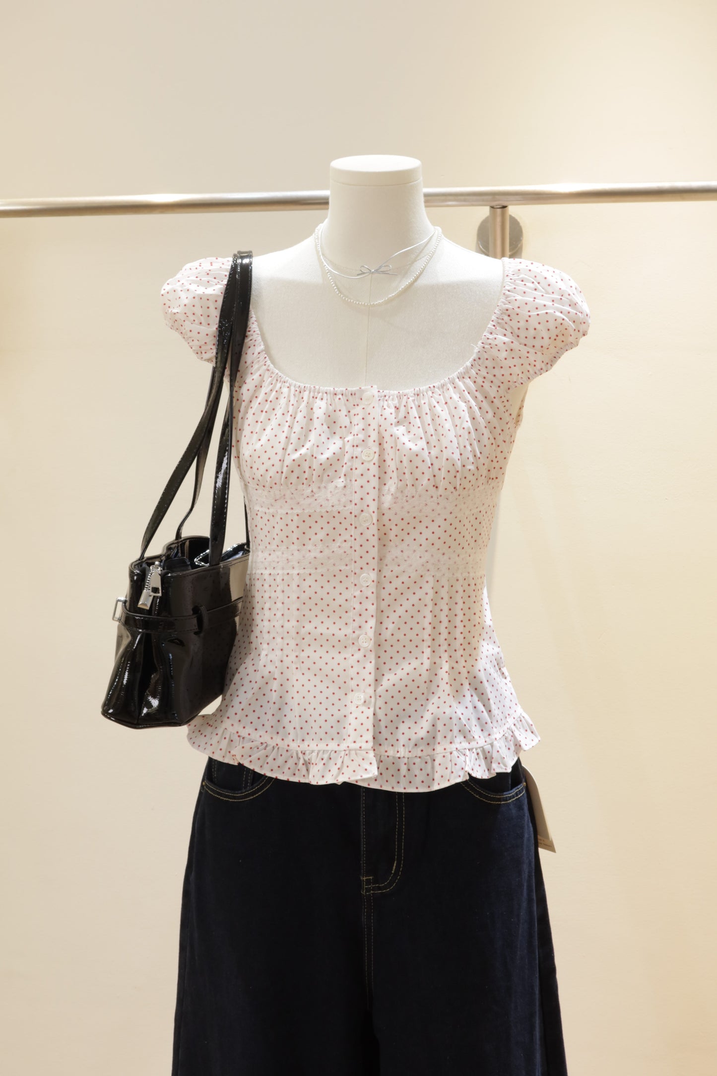 Red polkadot white top