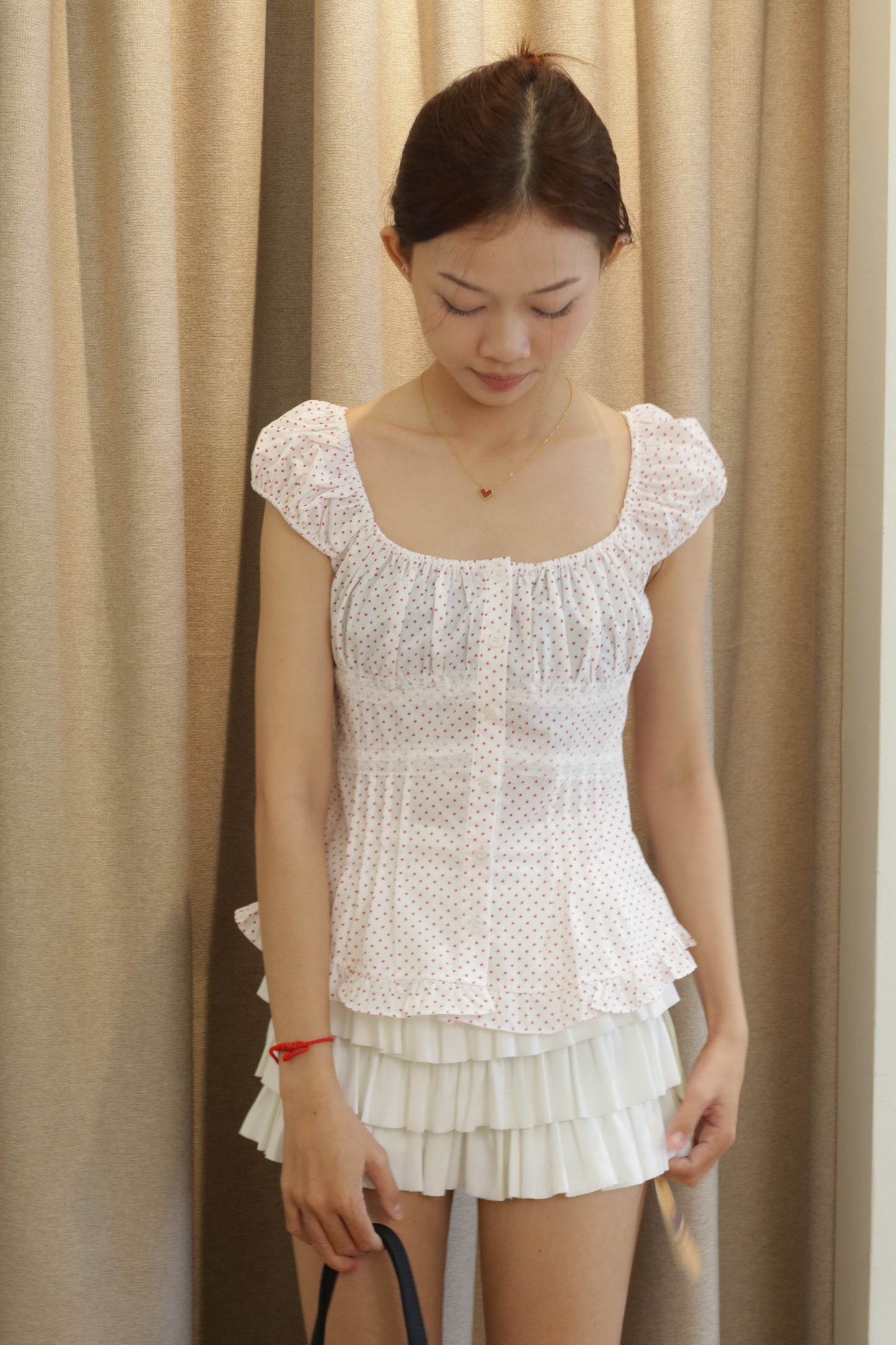 Red polkadot white top