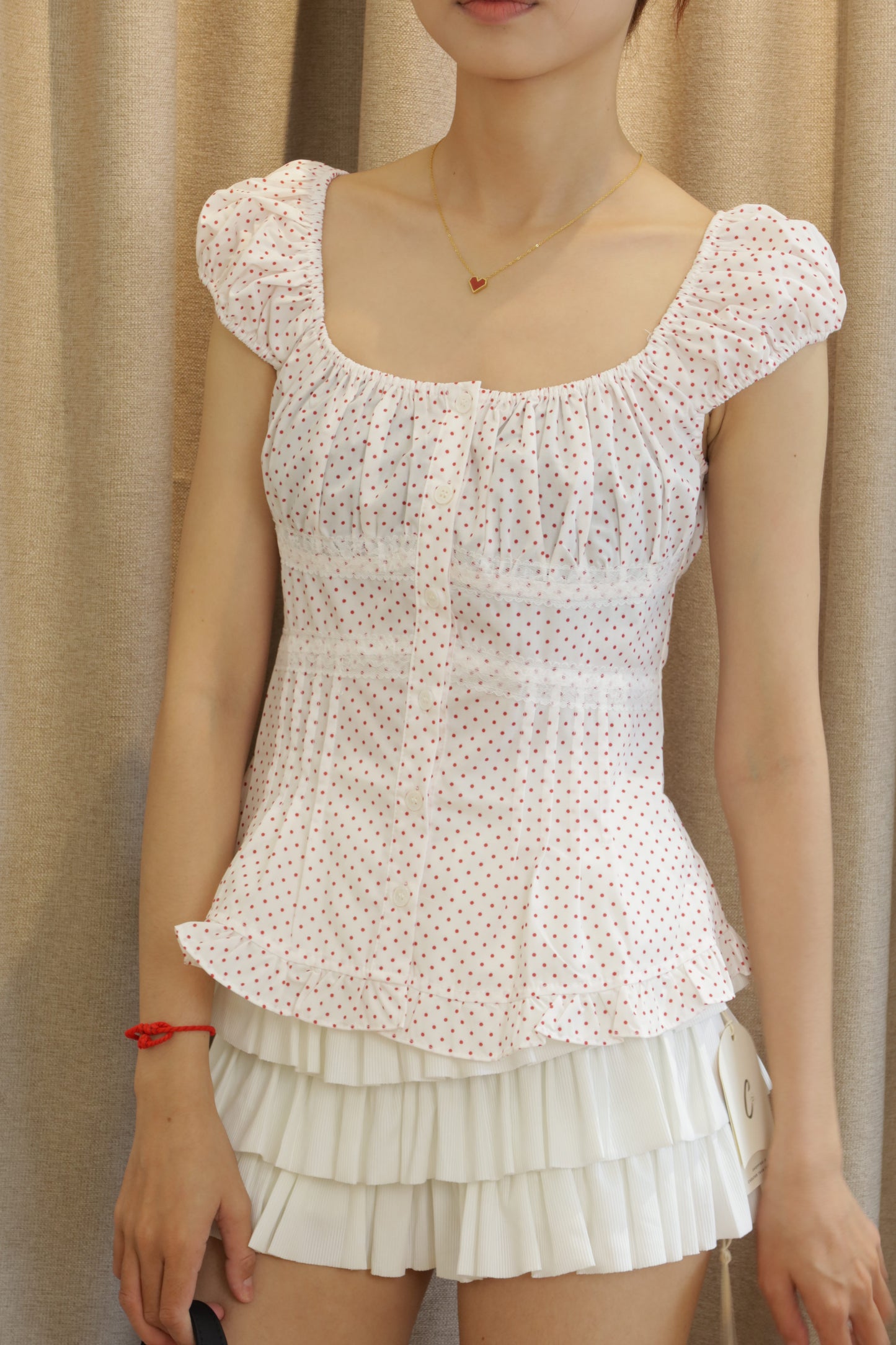 Red polkadot white top