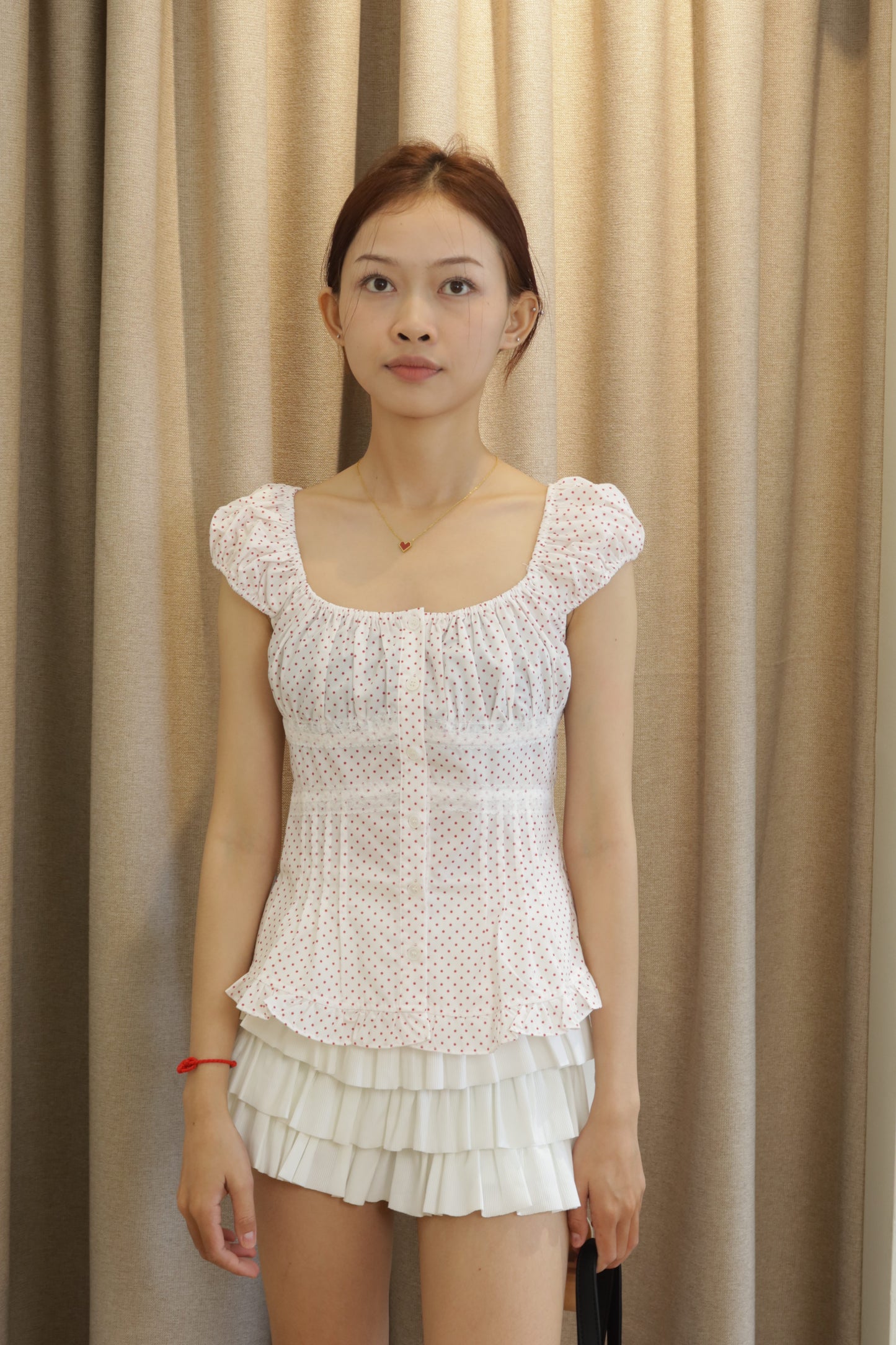 Red polkadot white top