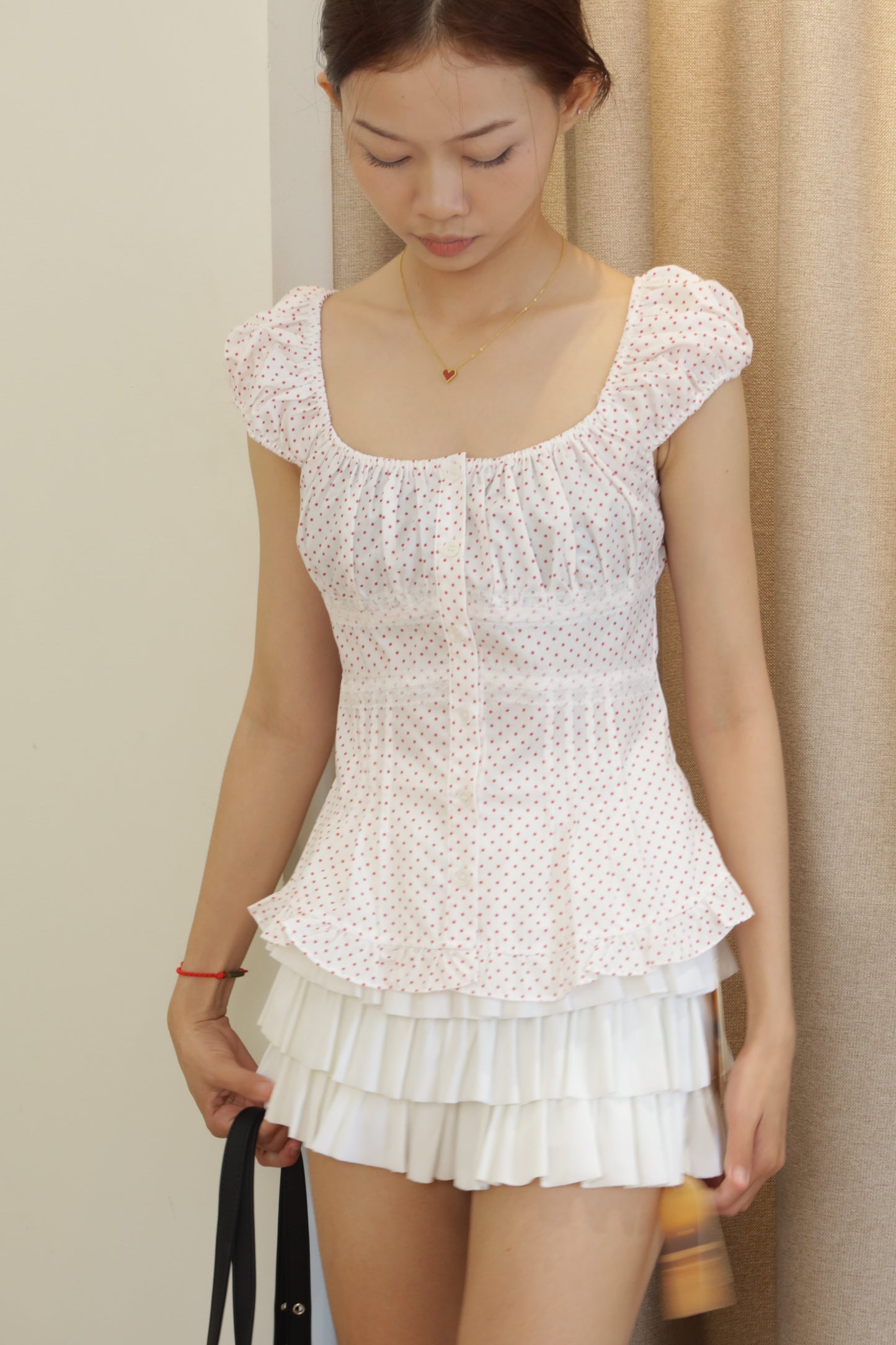 Red polkadot white top