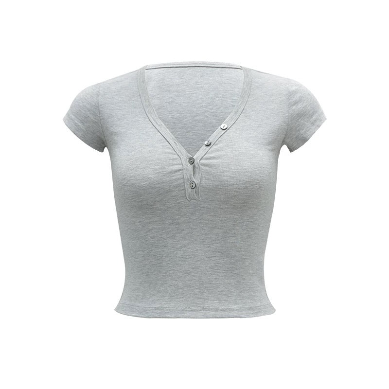 V buttoned gray top