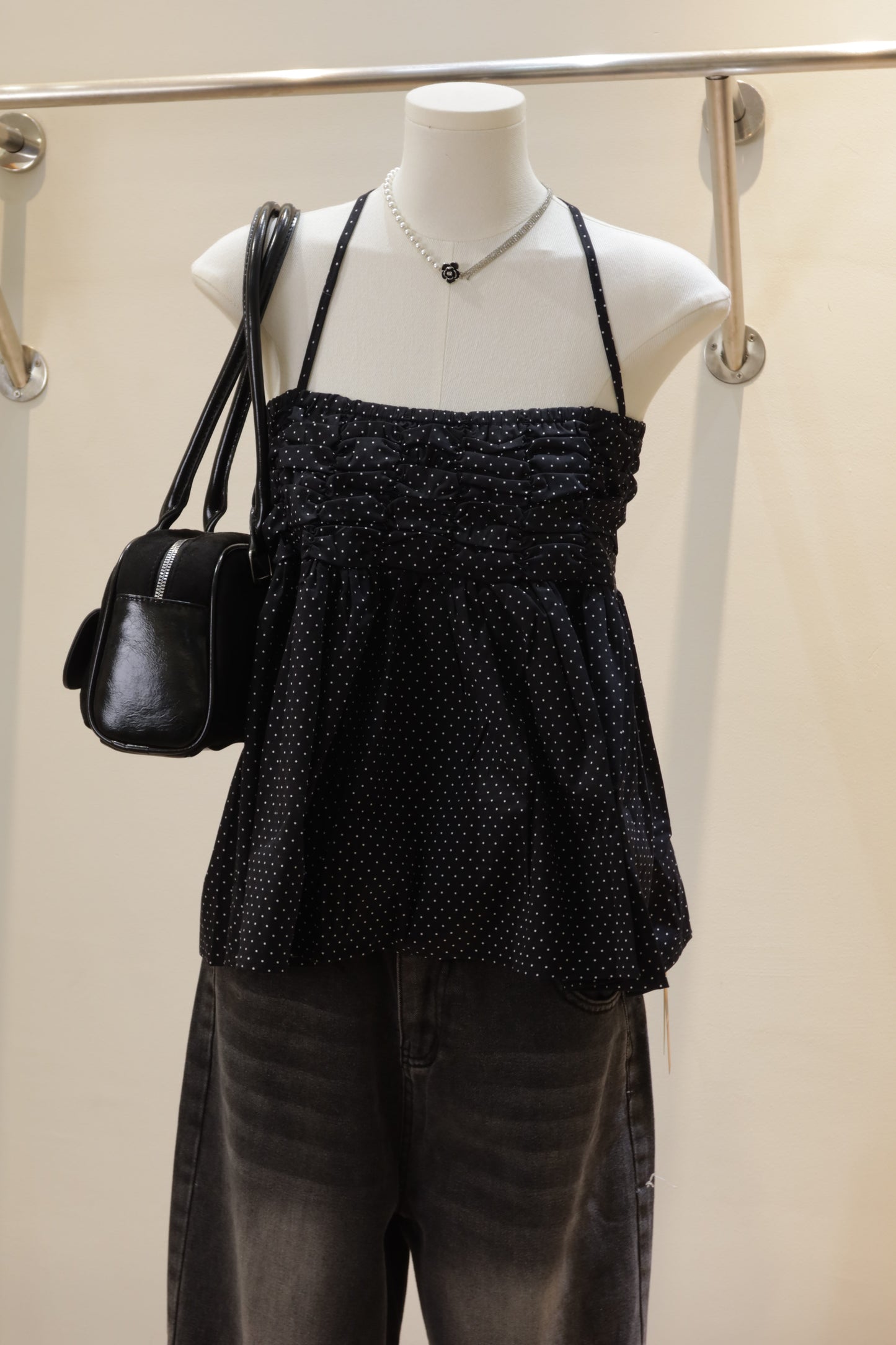 Polkadot black linen halter