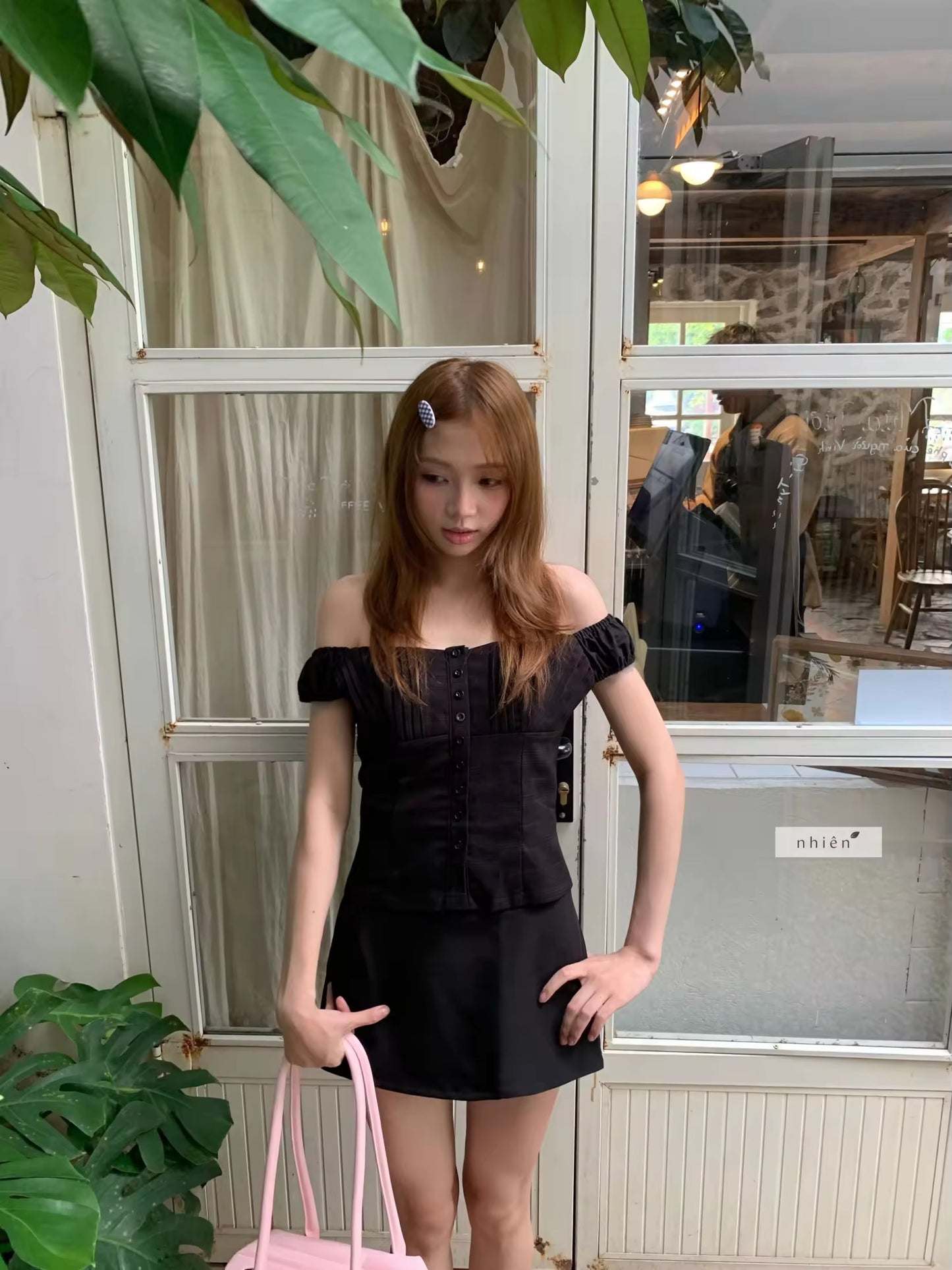 Black buttons off shoulder top