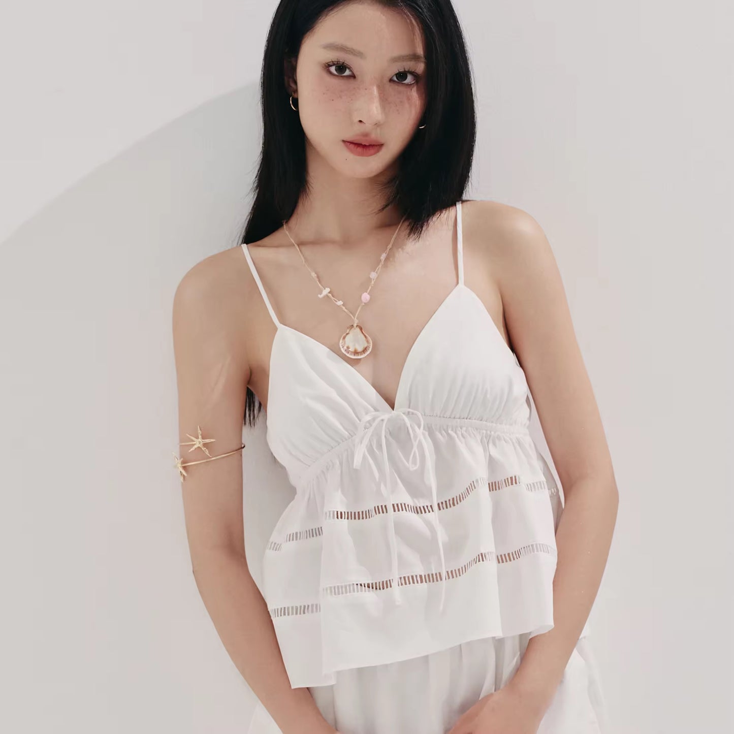 Khaki white flowy top