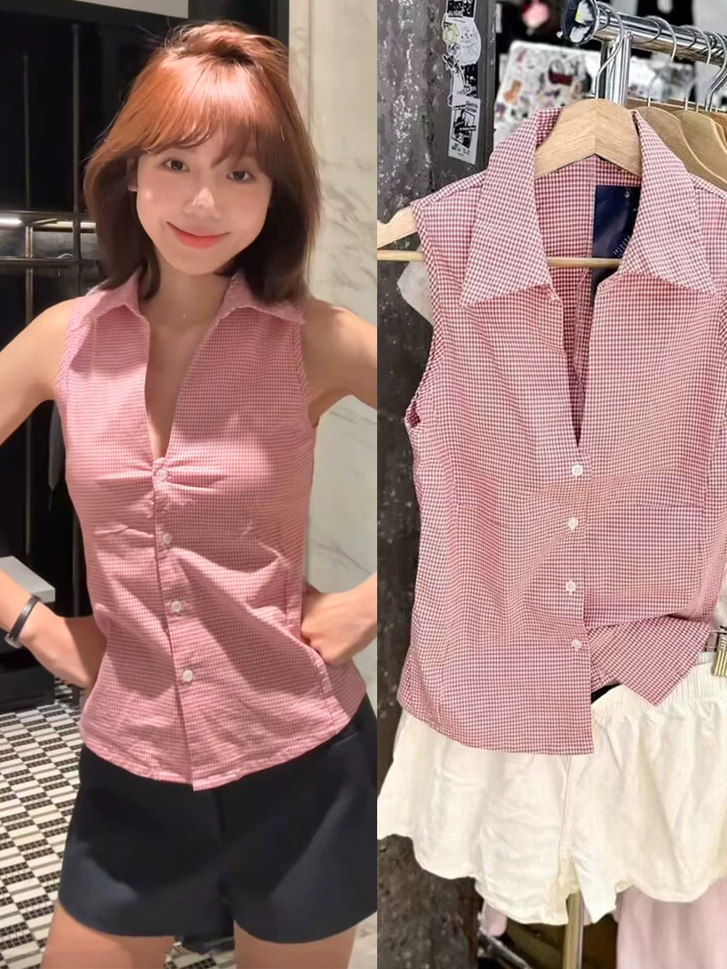 RED GINGHAM SLEEVELESS BLOUSE