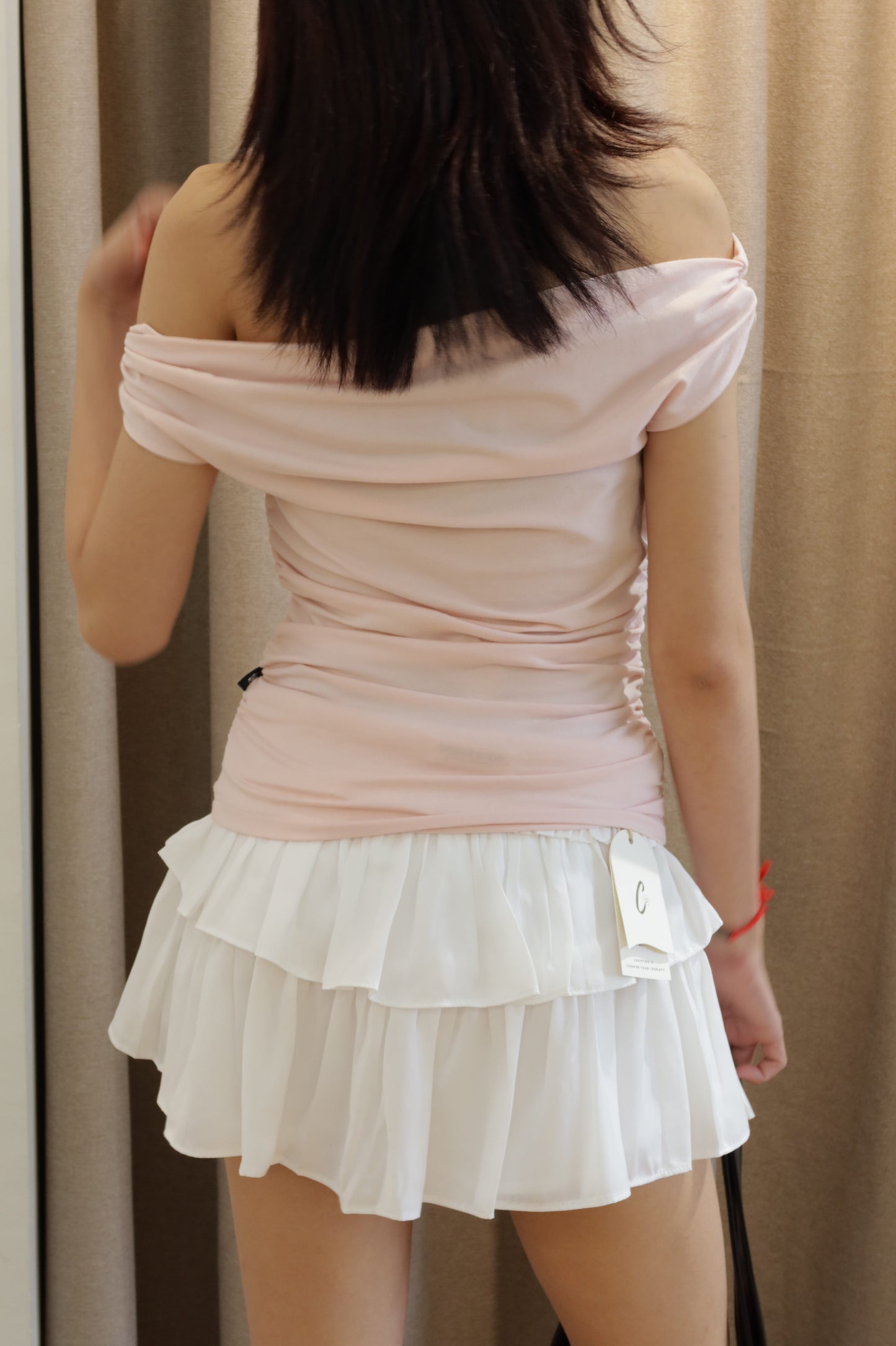 plain waist cinch off shoulder top