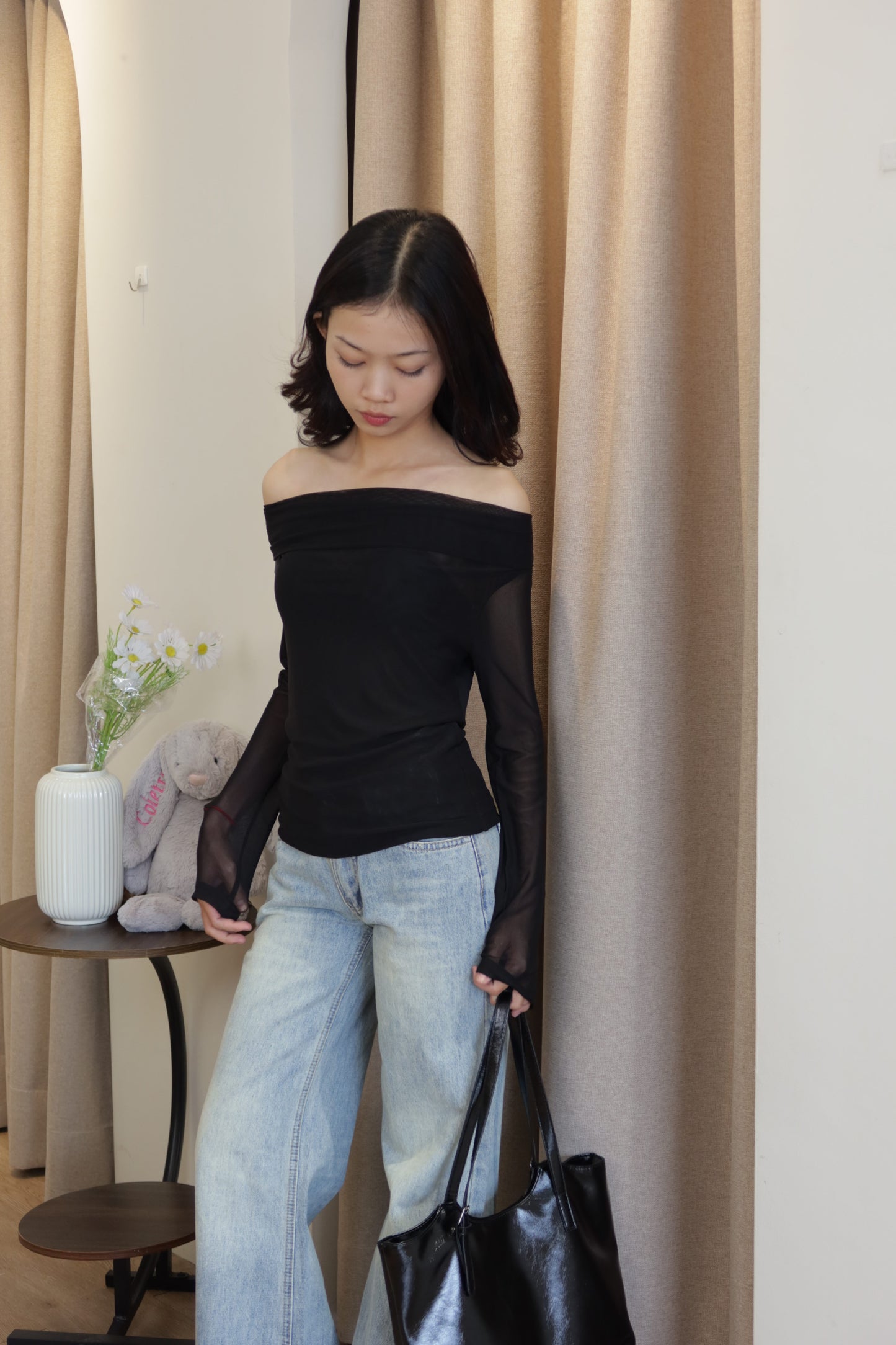 black mesh long sleeve off shoulder
