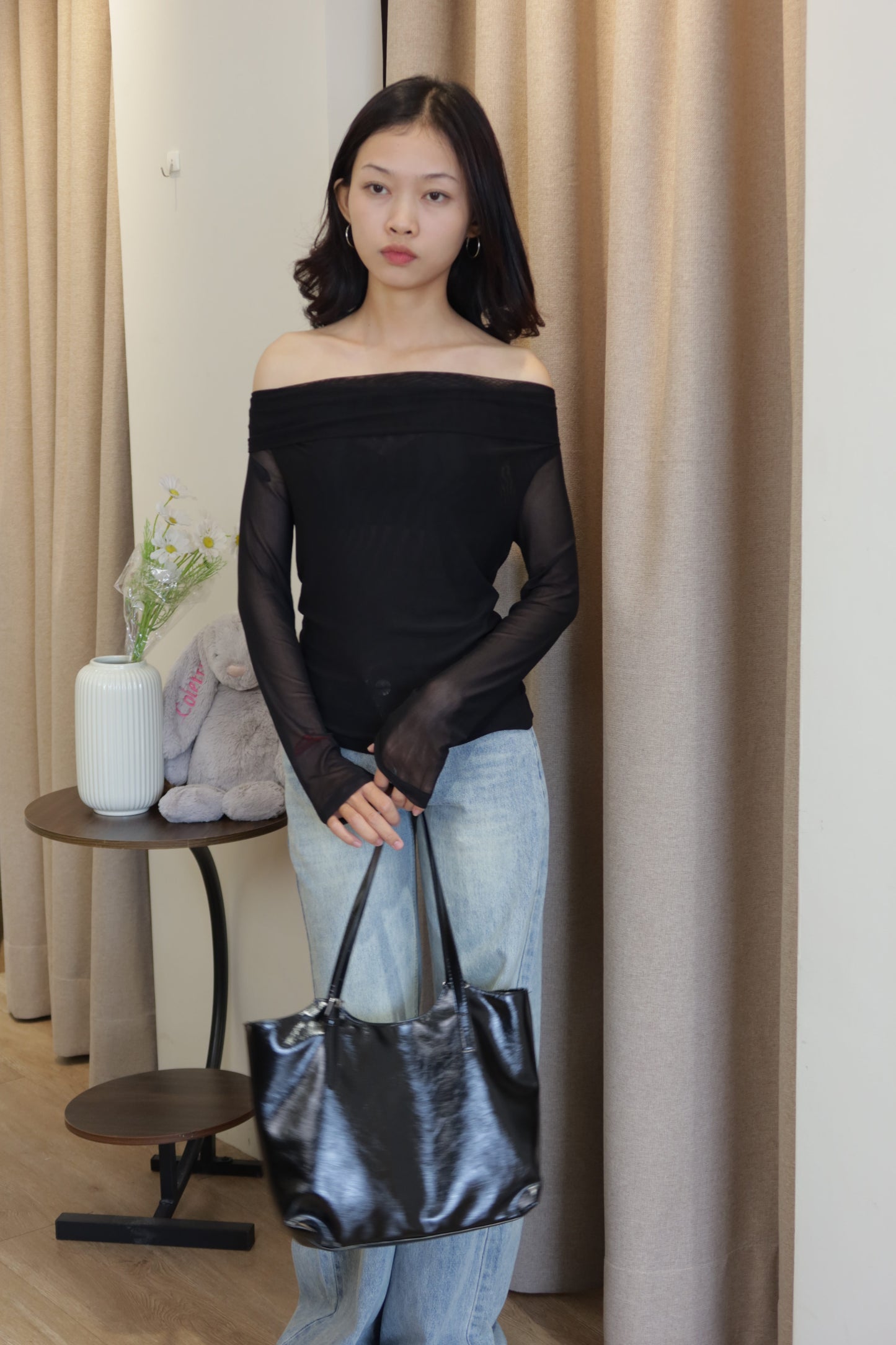 black mesh long sleeve off shoulder