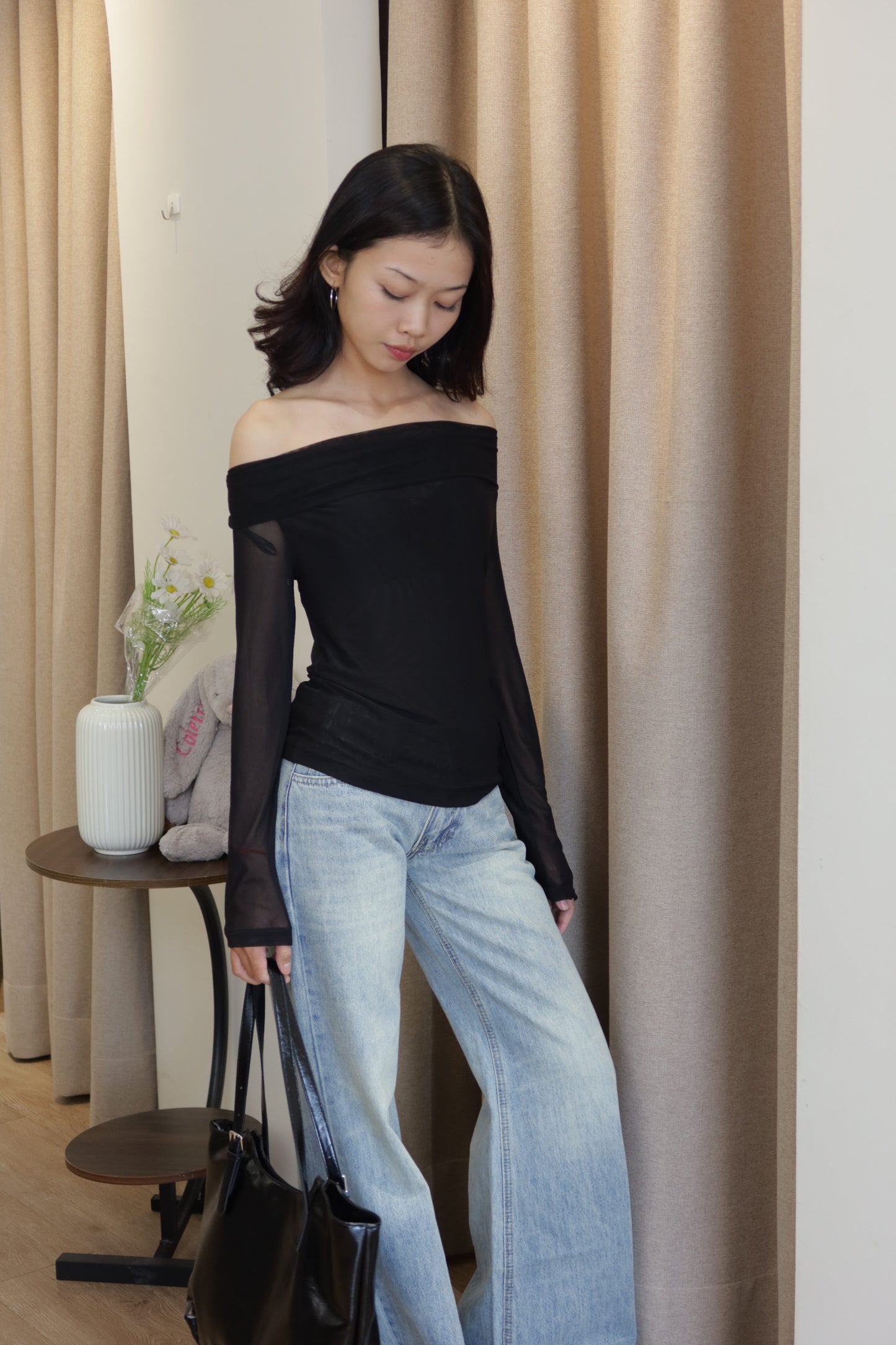 black mesh long sleeve off shoulder