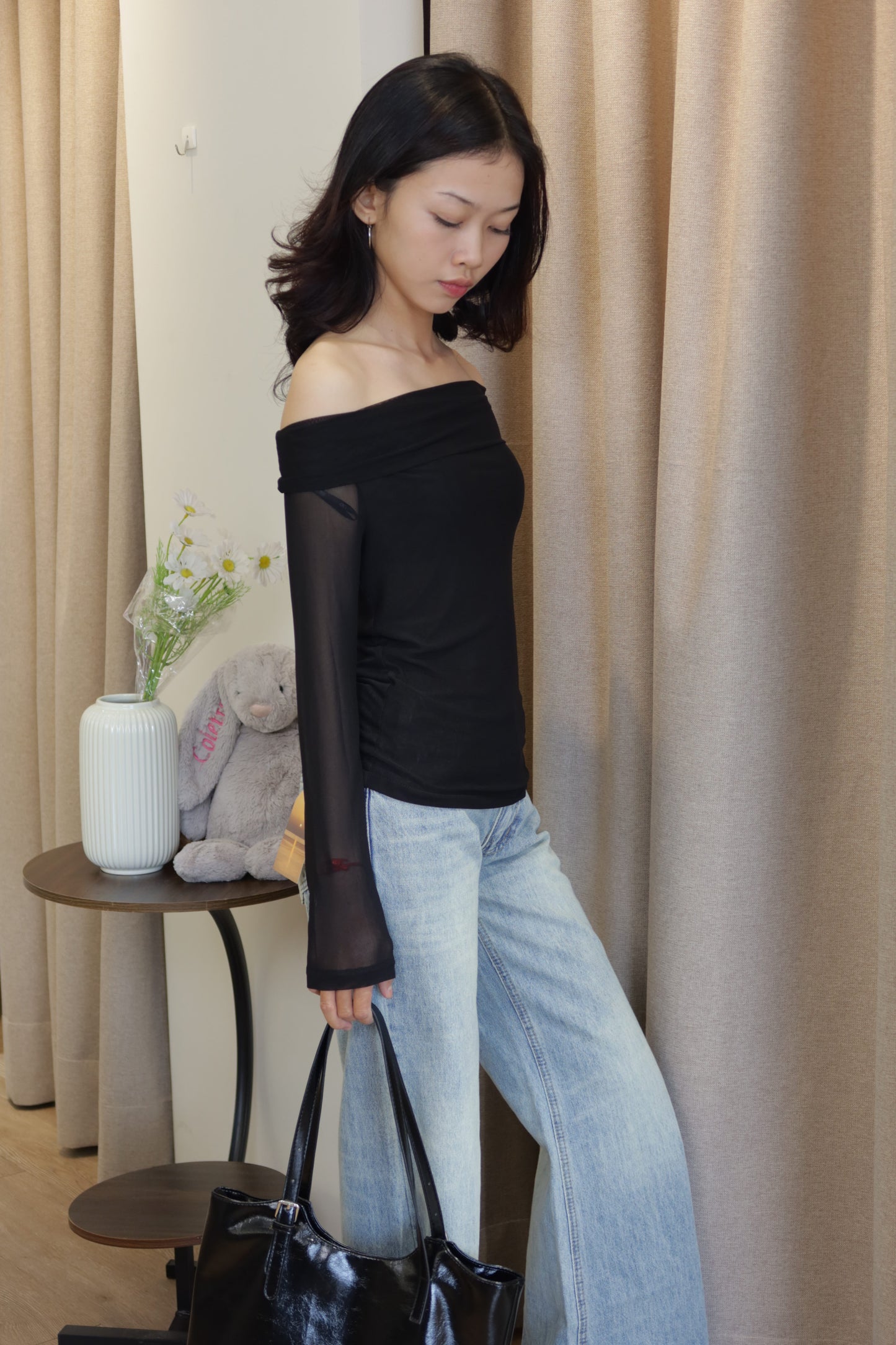 black mesh long sleeve off shoulder