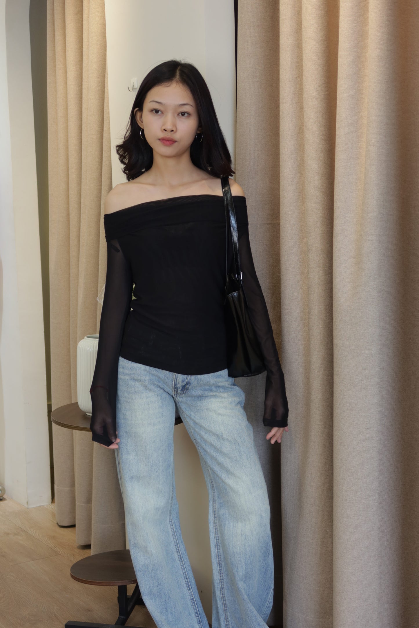 black mesh long sleeve off shoulder