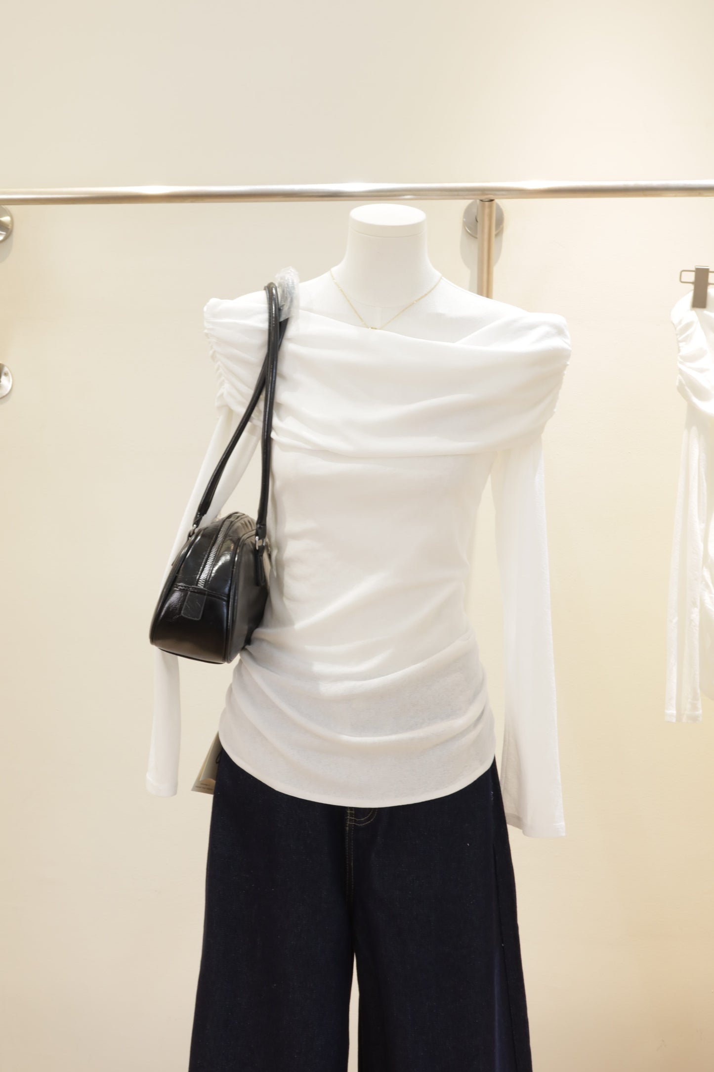 White mesh long sleeve off shoulder