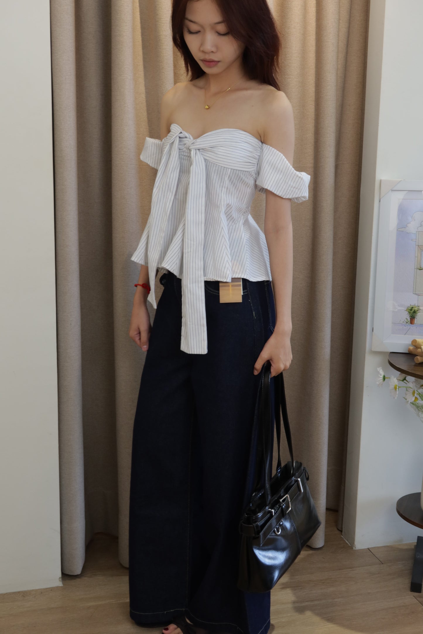 Checkered flowy off shoulder