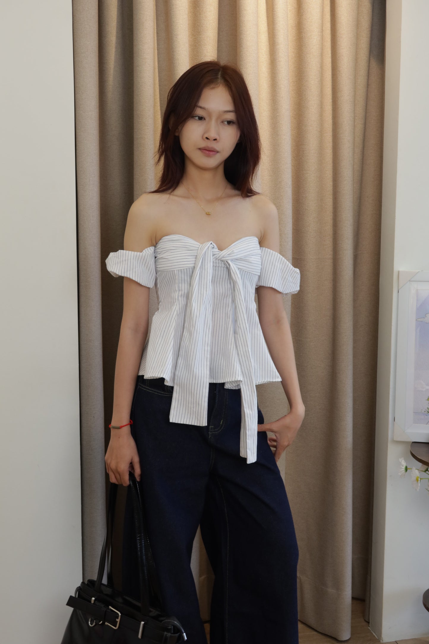 Checkered flowy off shoulder