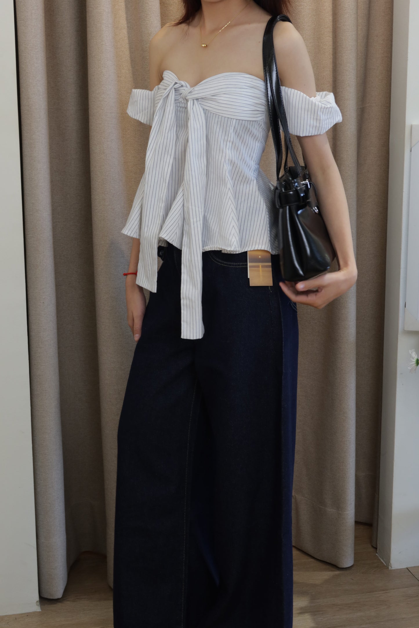 Checkered flowy off shoulder