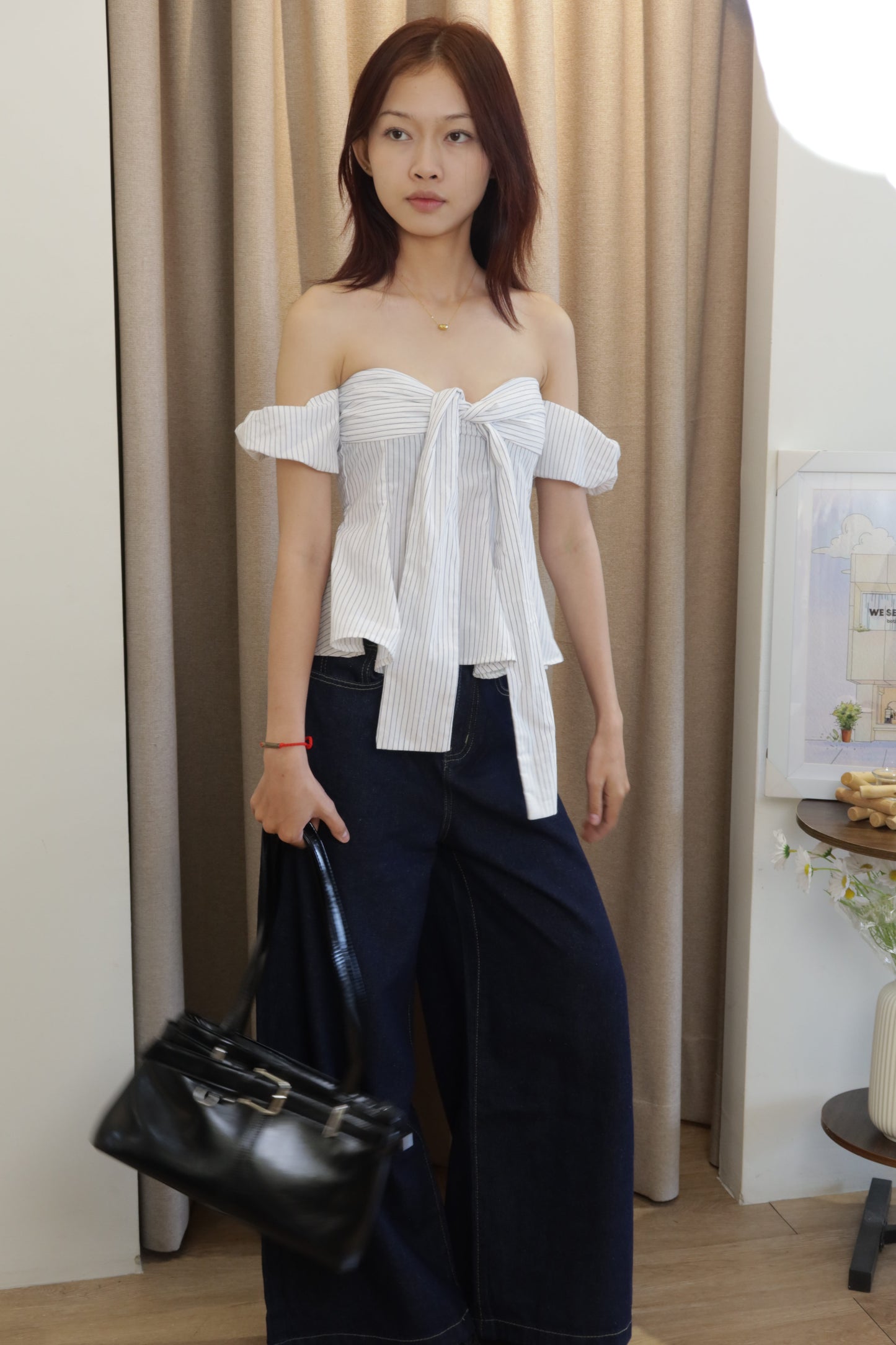 Checkered flowy off shoulder