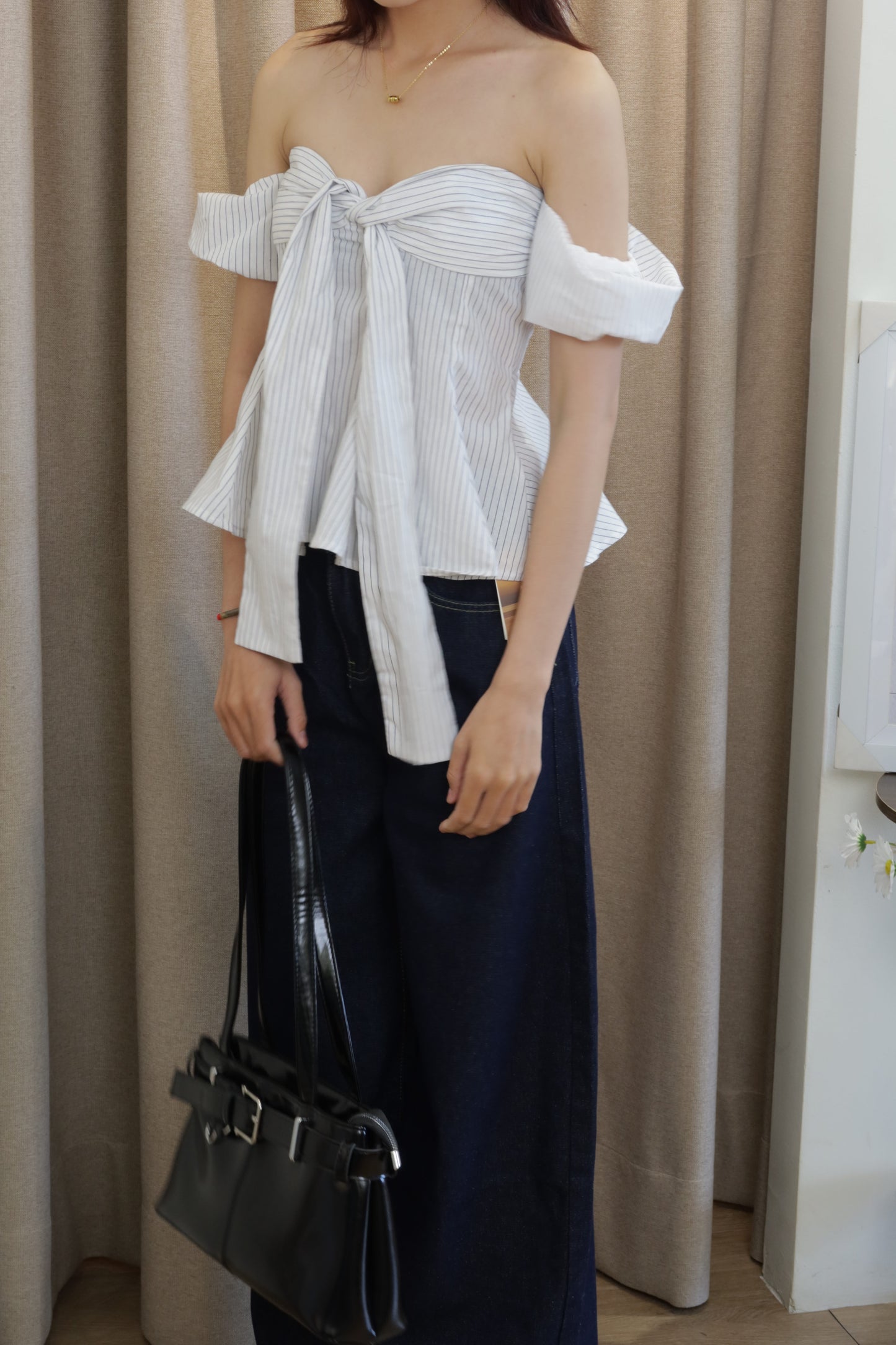 Checkered flowy off shoulder