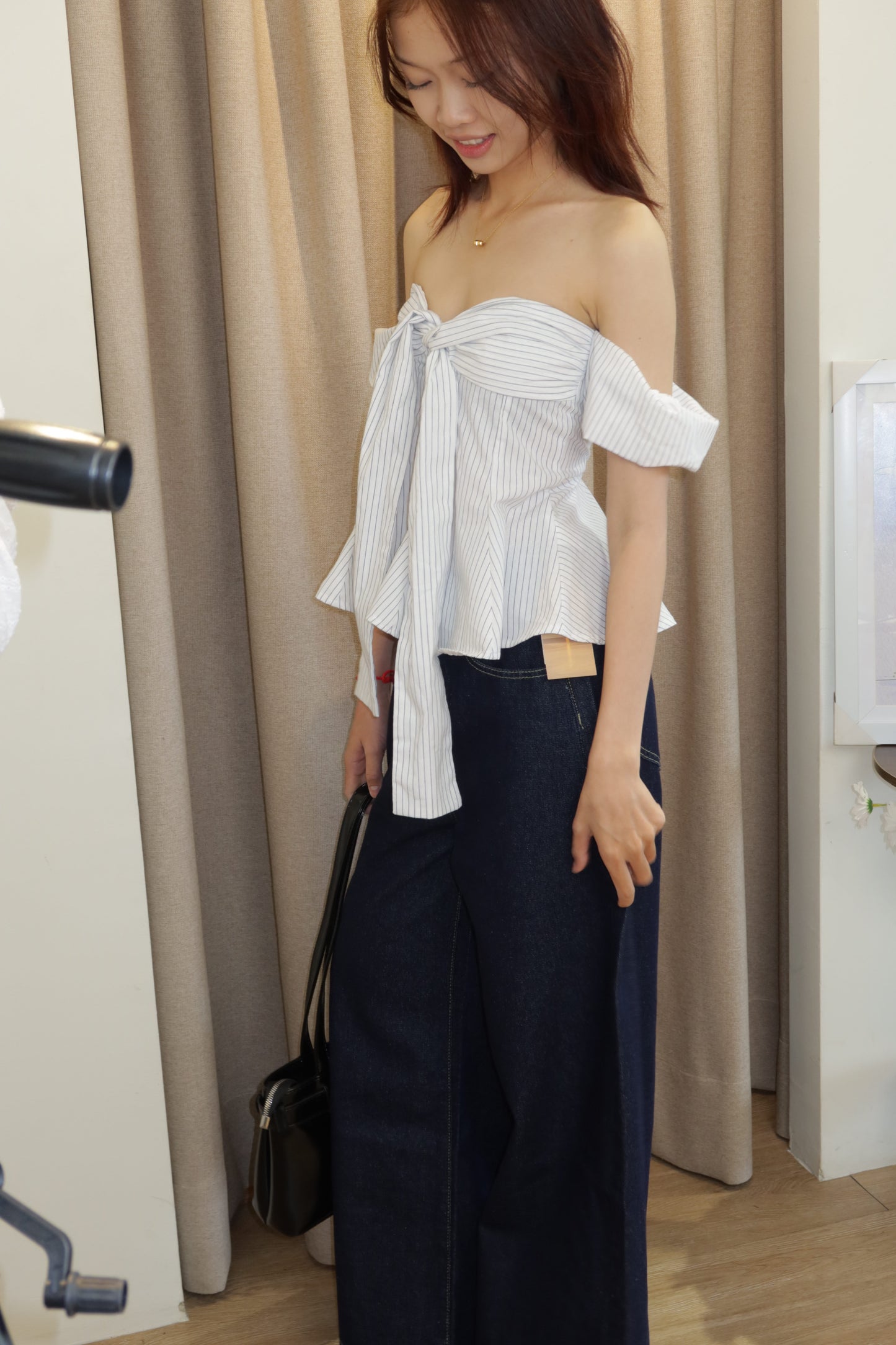 Checkered flowy off shoulder
