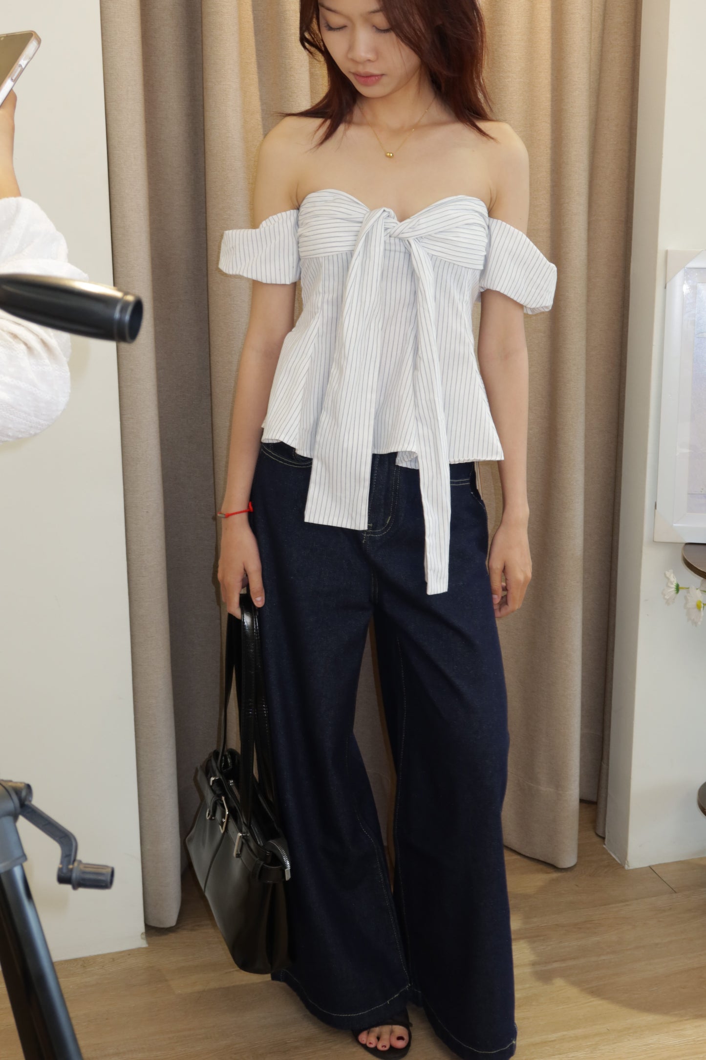 Checkered flowy off shoulder