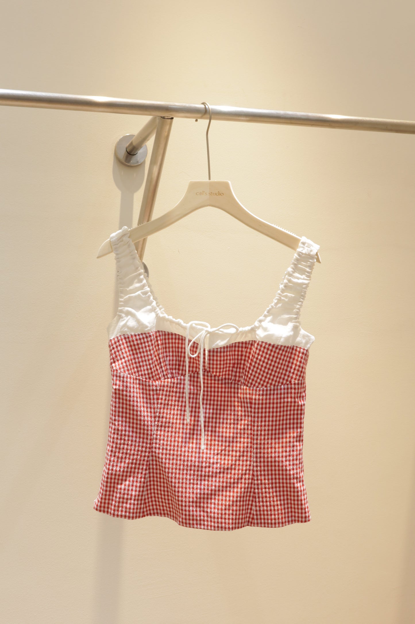 Red gingham white accent top