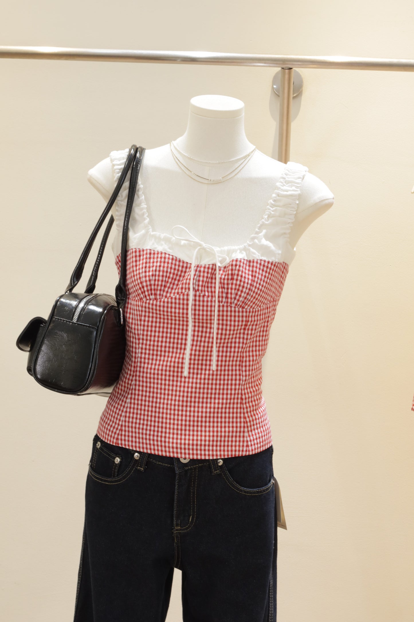 Red gingham white accent top