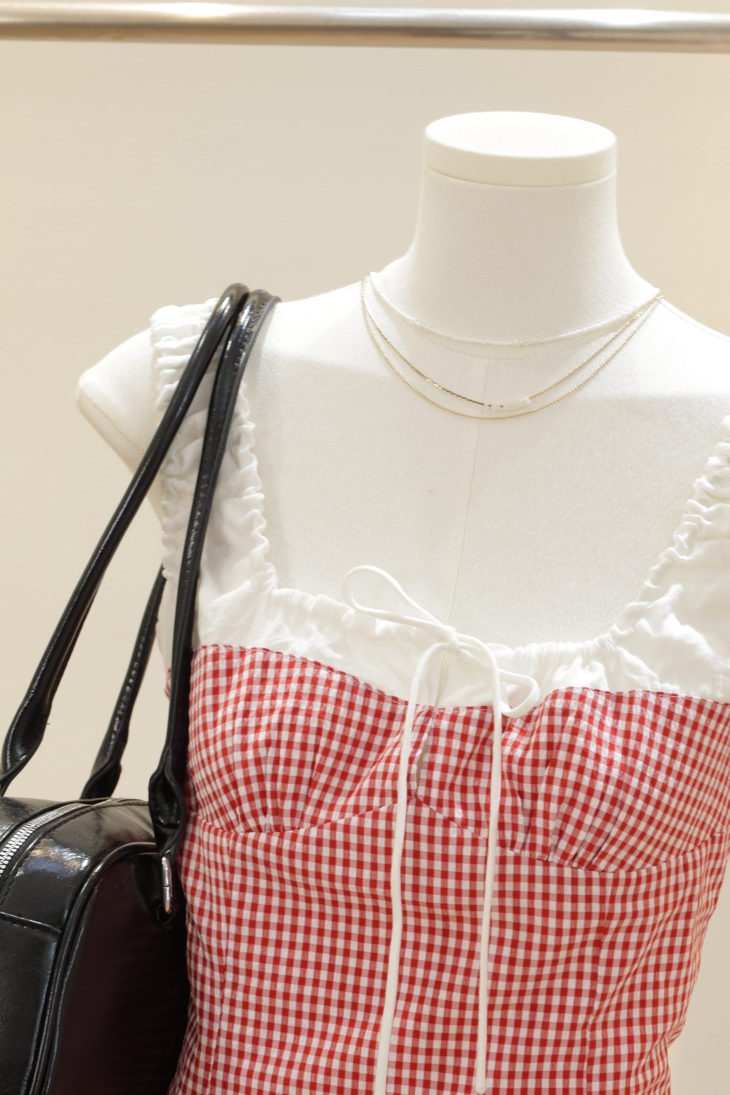Red gingham white accent top