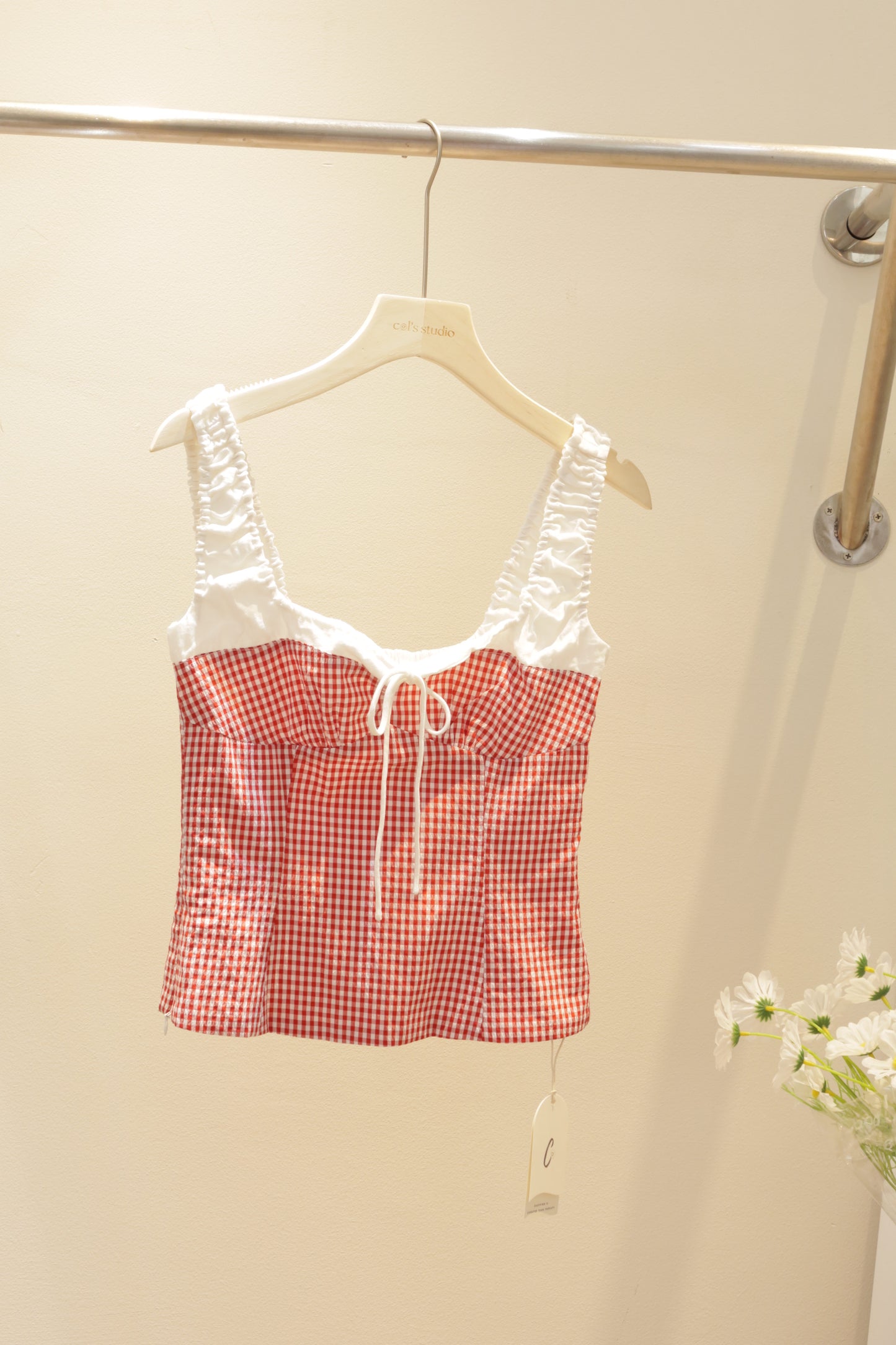 Red gingham white accent top