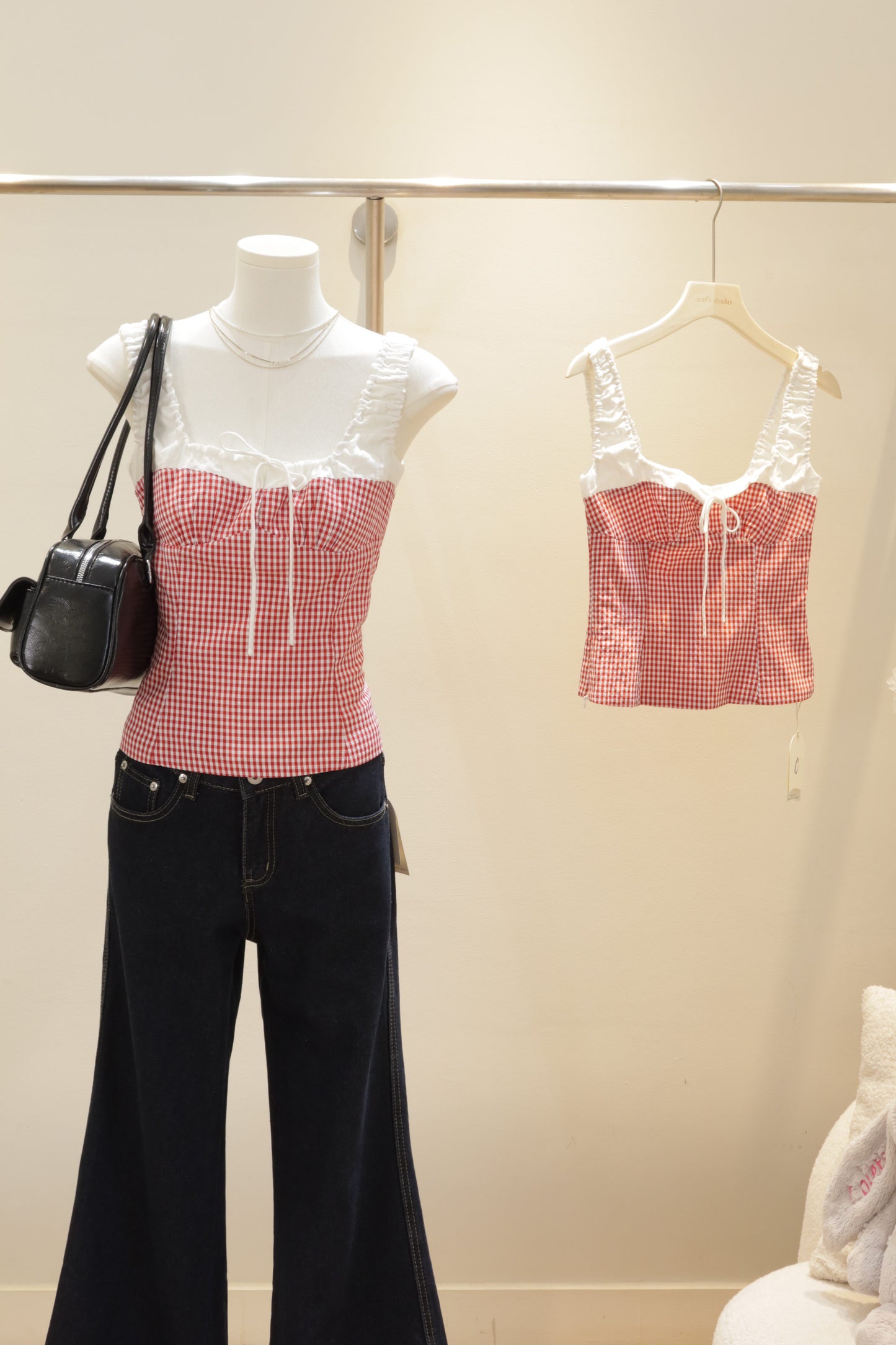 Red gingham white accent top