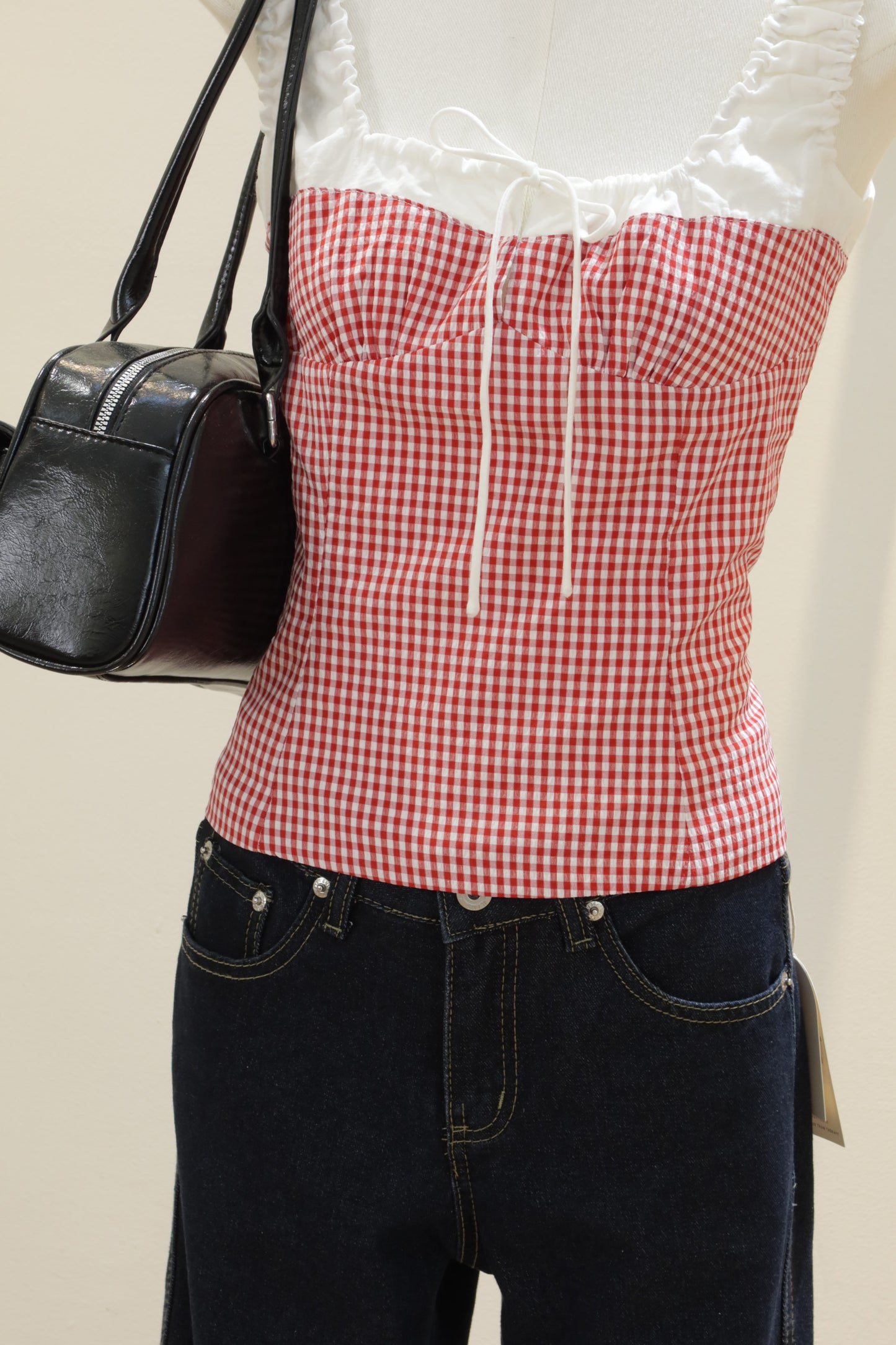 Red gingham white accent top