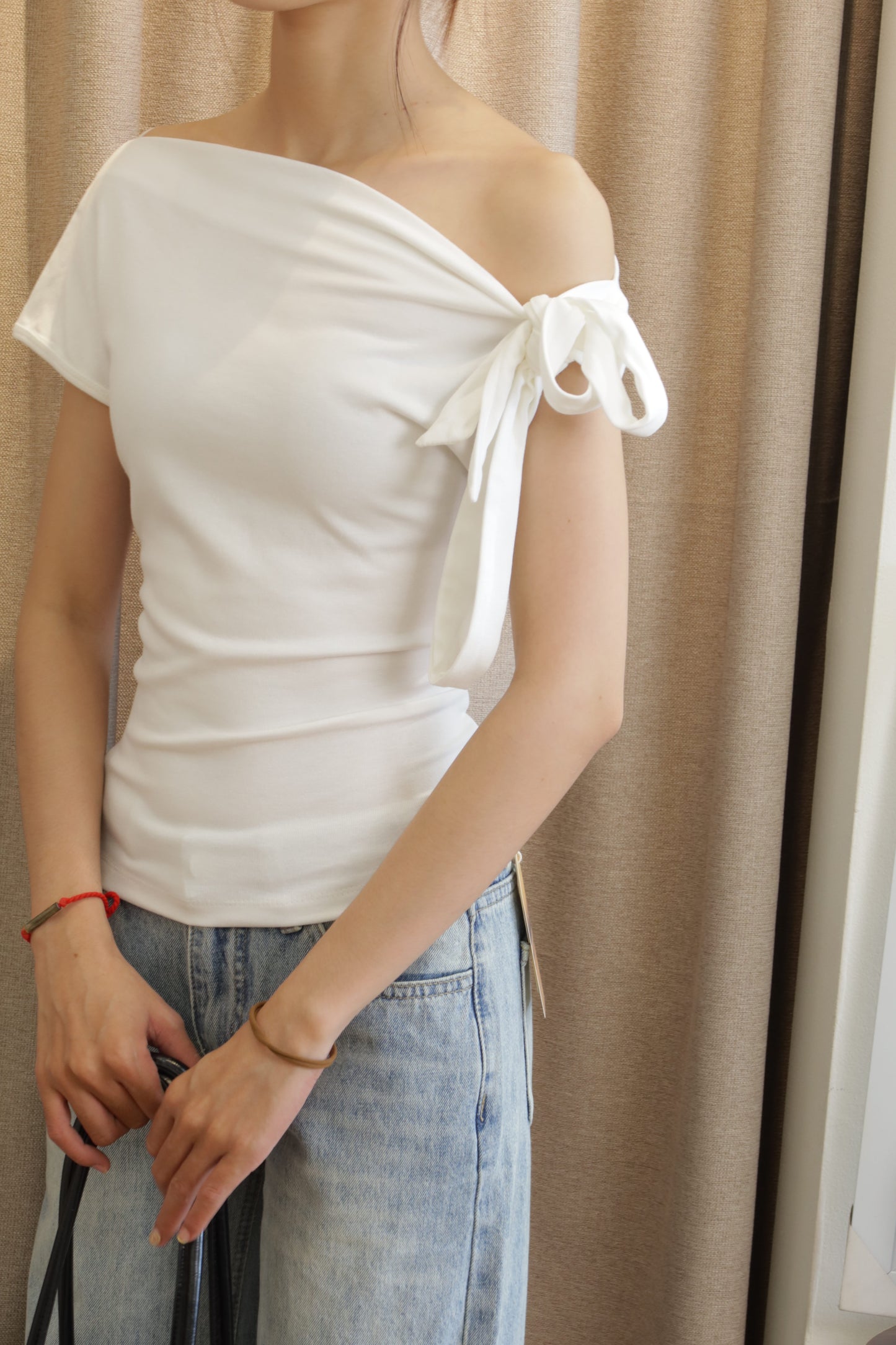 bow half shoulder top