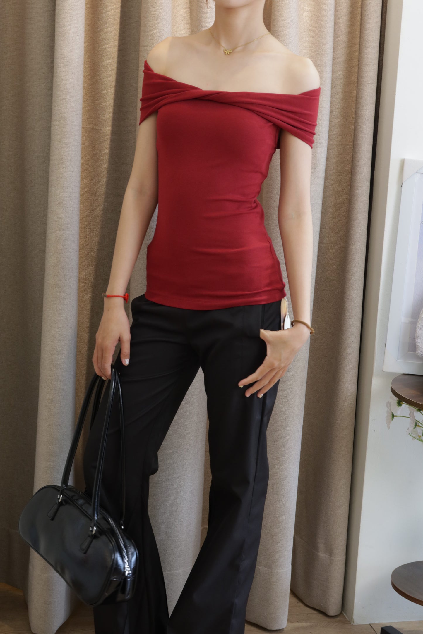 Red mid twist off shoulder