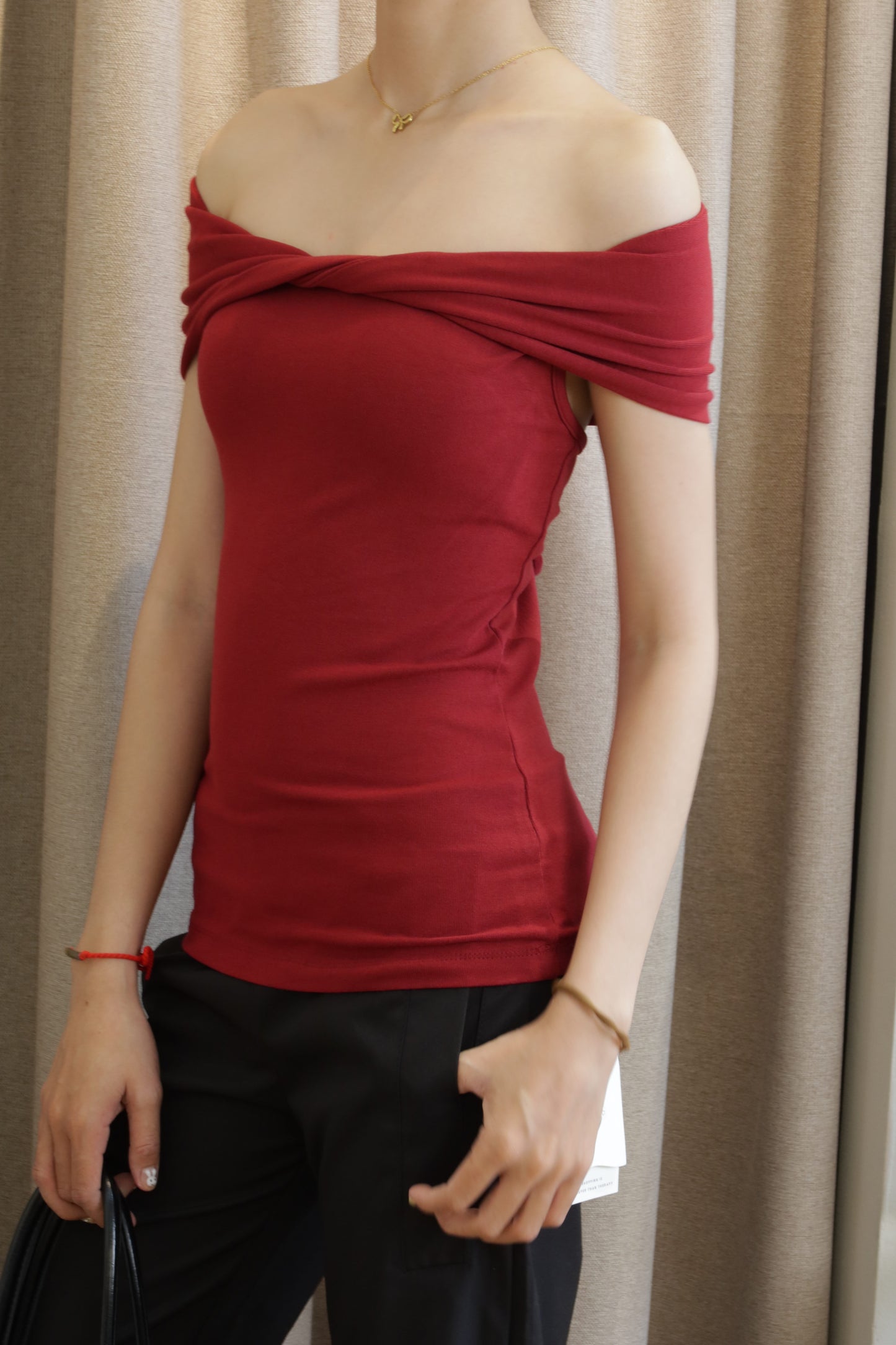 Red mid twist off shoulder