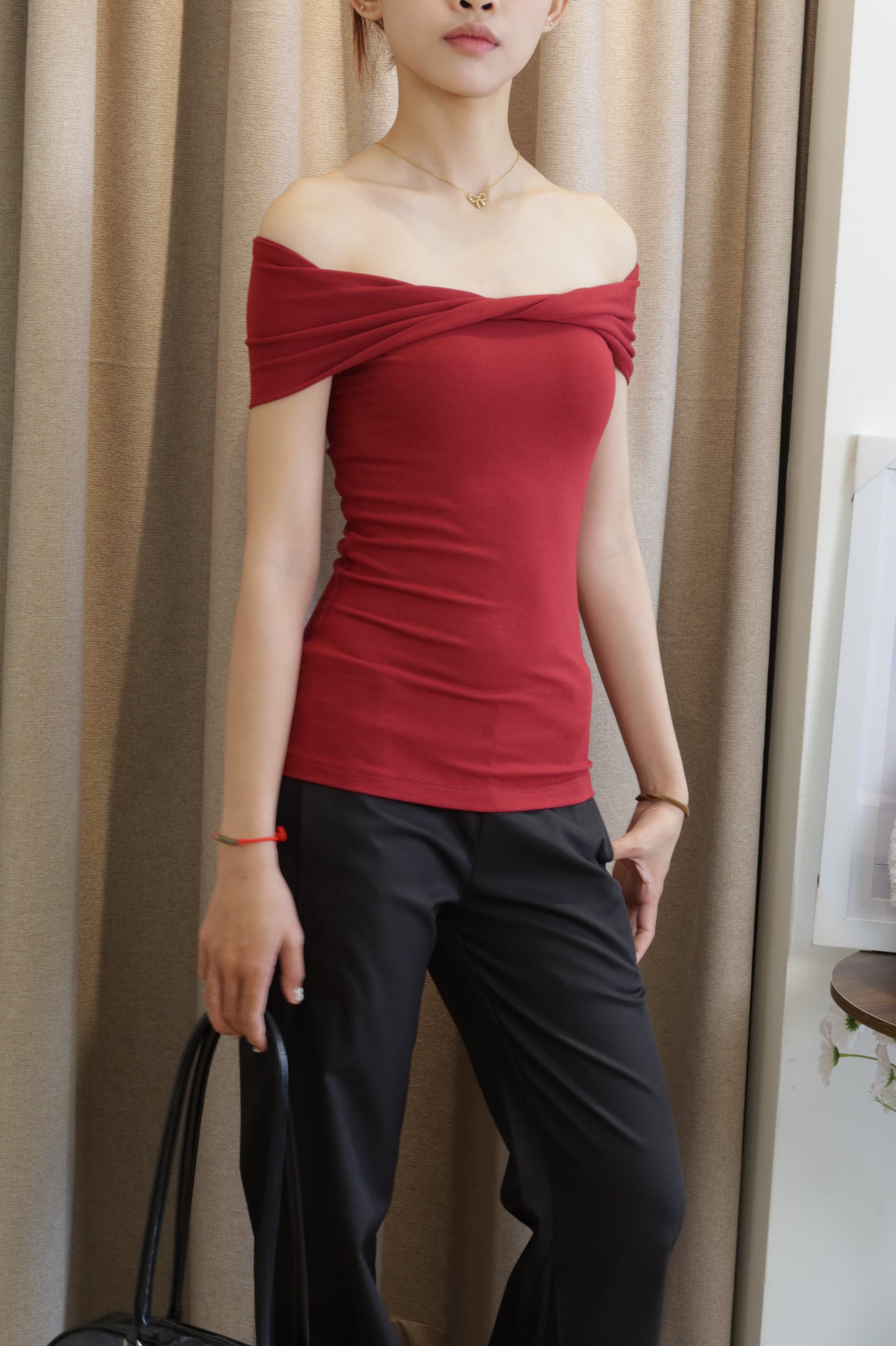 Red mid twist off shoulder
