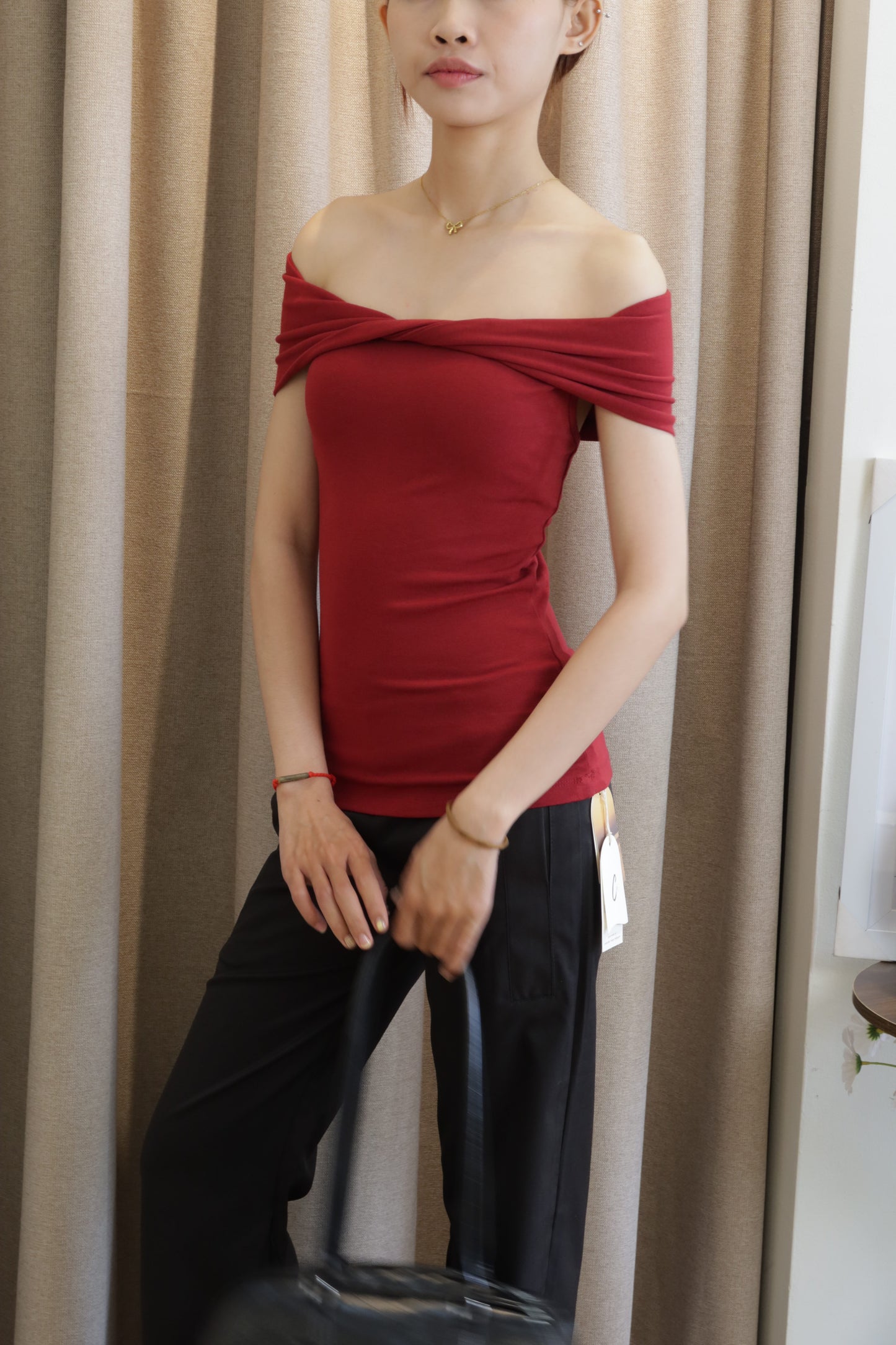 Red mid twist off shoulder