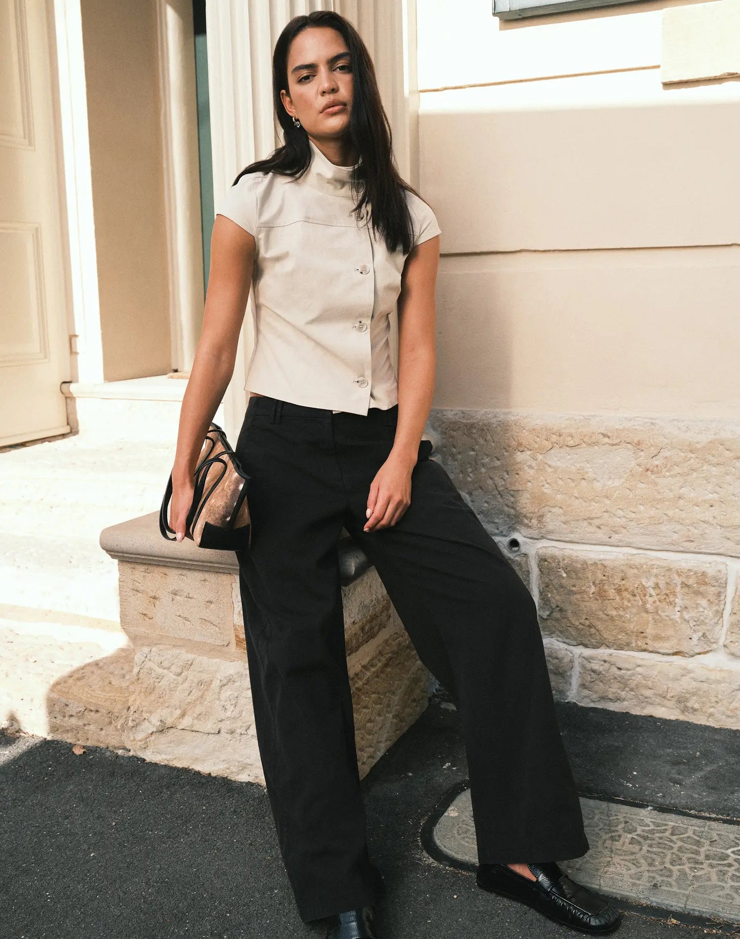 GLASSONS Funnel Neck Button Up Blouse