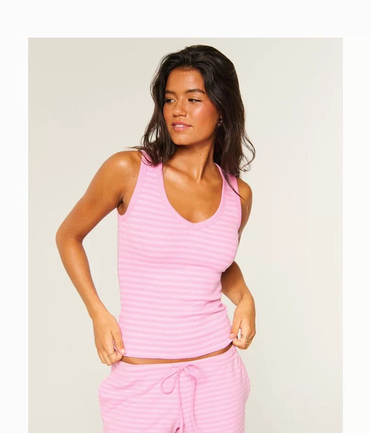 HOLLISTER Basic V-Neck Tank -PINK STRIPES