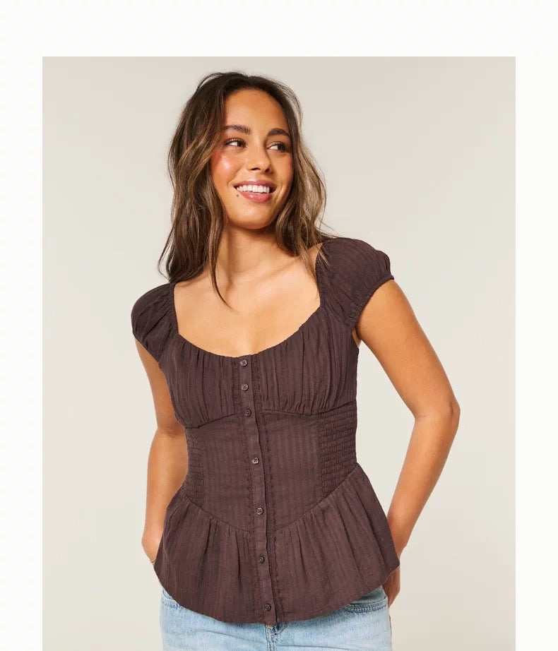 Hollister Brown Button Puff Top