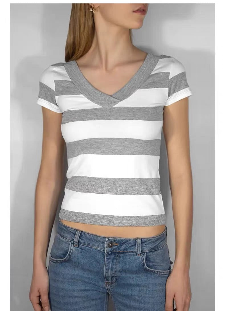 SUBDUED Striped V-Neck Tee - Grey/White Stripe