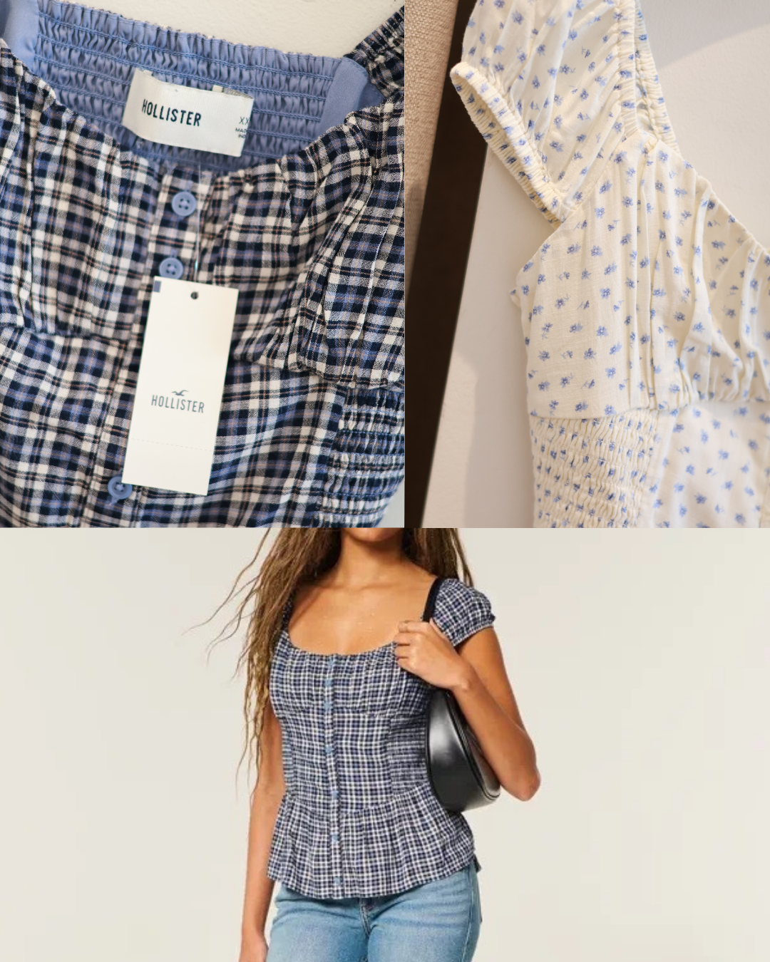 HOLLISTER Blue Plaid Puff Sleeve Top