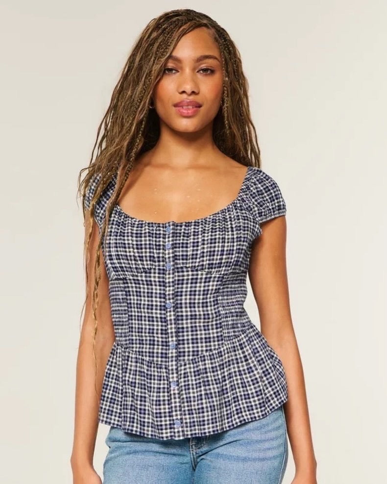 HOLLISTER Blue Plaid Puff Sleeve Top