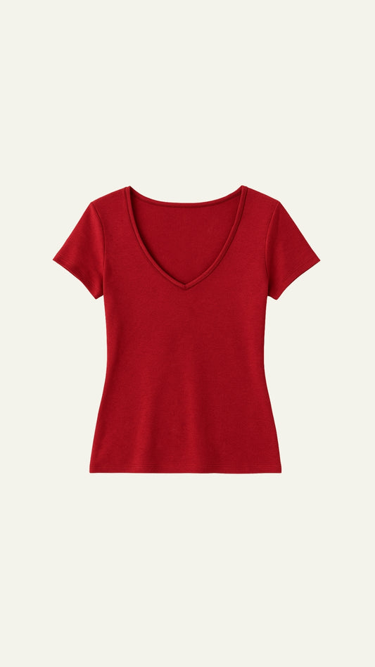 RED V CUT SHORT SLEEVE TOP
